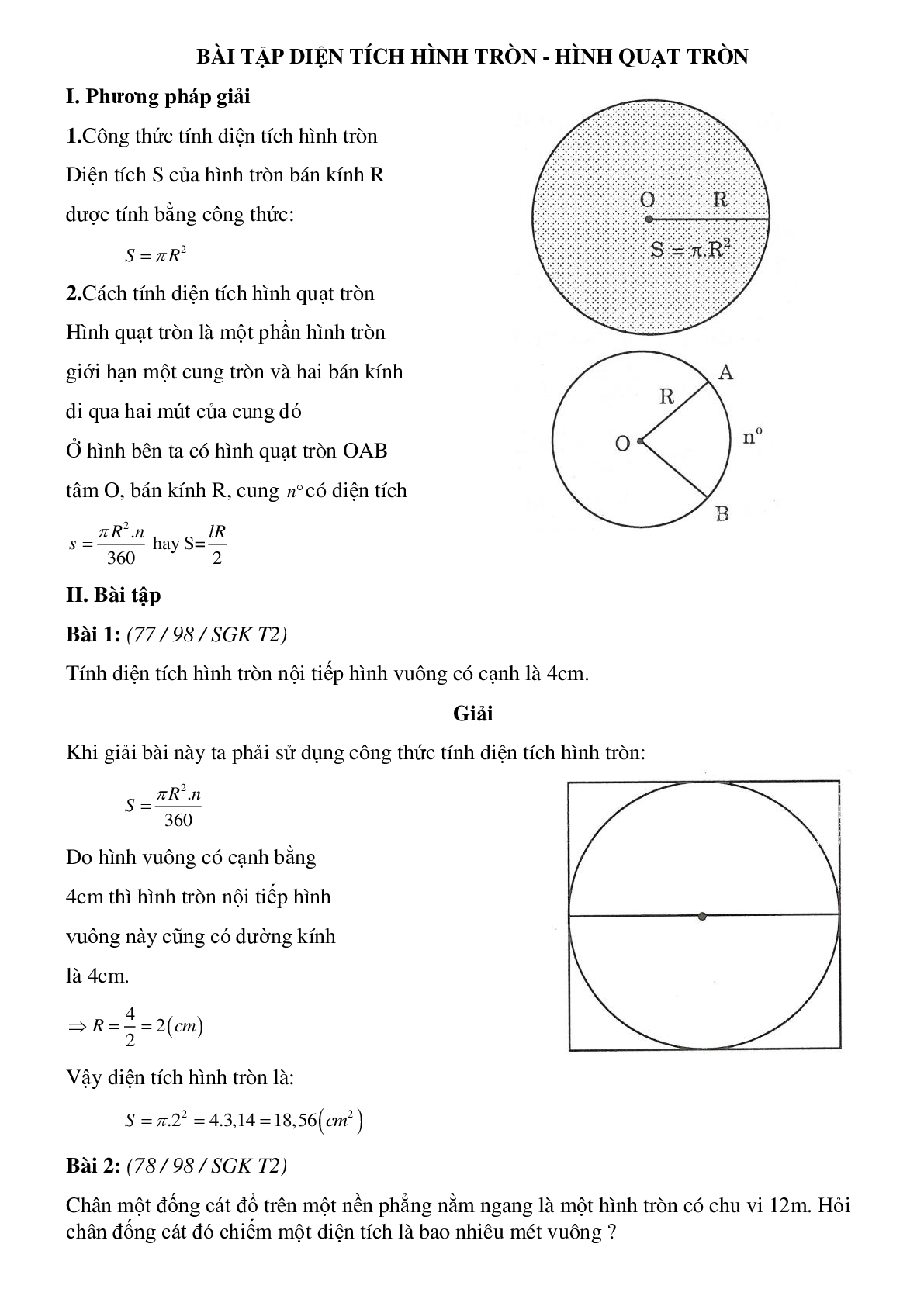 50 Bài tập Diện tích hình tròn, hình quạt tròn (có đáp án)- Toán 9 (trang 1)