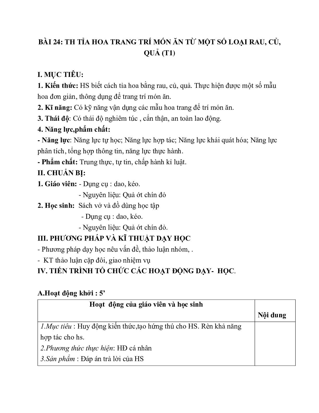 GIÁO ÁN CÔNG NGHỆ 6 BÀI 24: TH TỈA HOA TRANG TRÍ MÓN ĂN TỪ MỘT SỐ LOẠI RAU, CỦ, QUẢ (T1) MỚI NHẤT (trang 1)