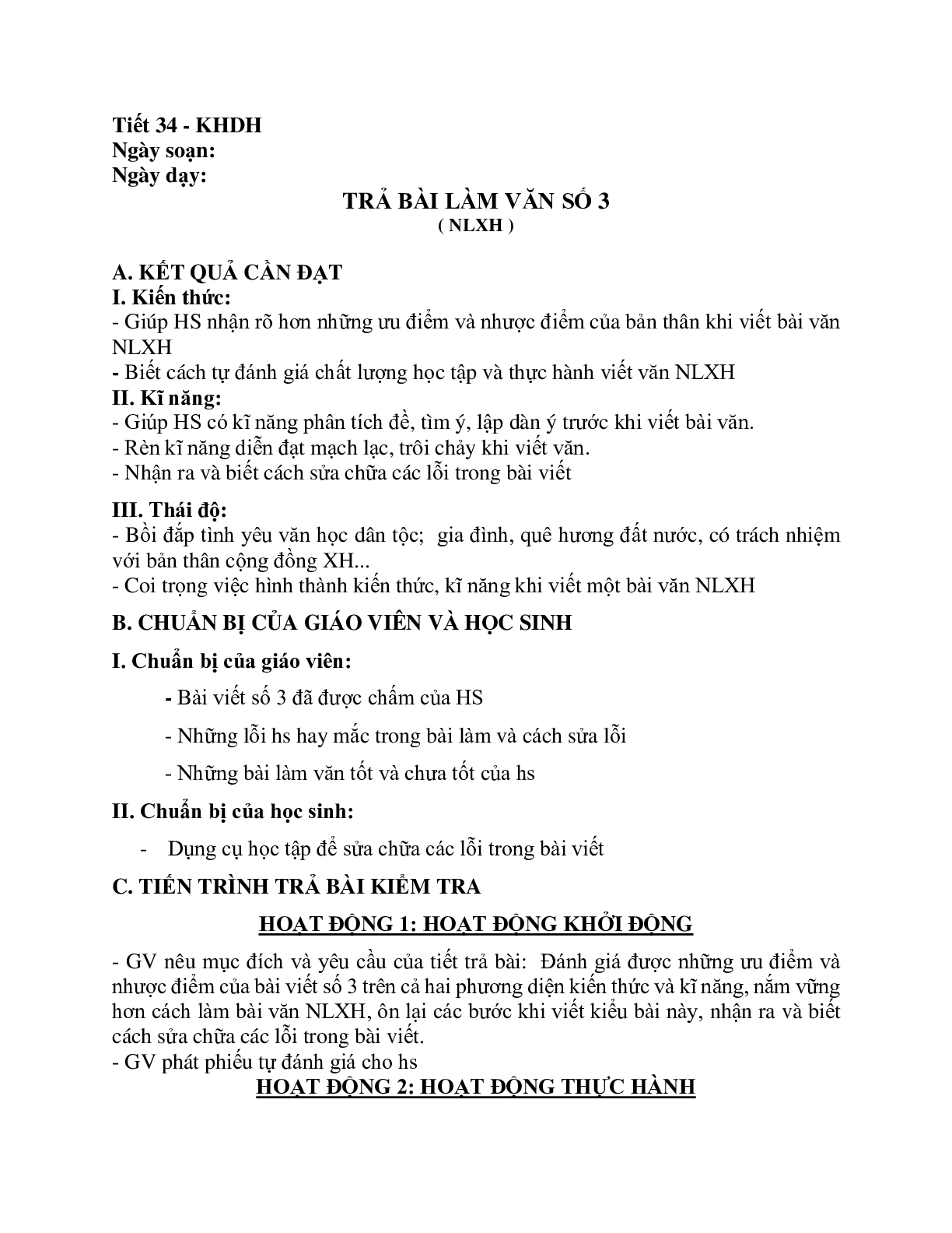 Giáo án ngữ văn lớp 10 Tiết 34: Trả bài văn số 3 (trang 1)