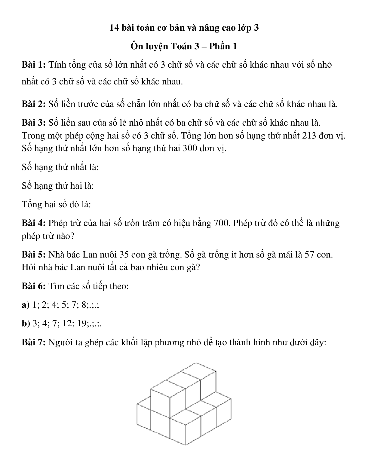 14 bài toán về Toán lớp 3 cơ bản, nâng cao Phần 1 (trang 1)