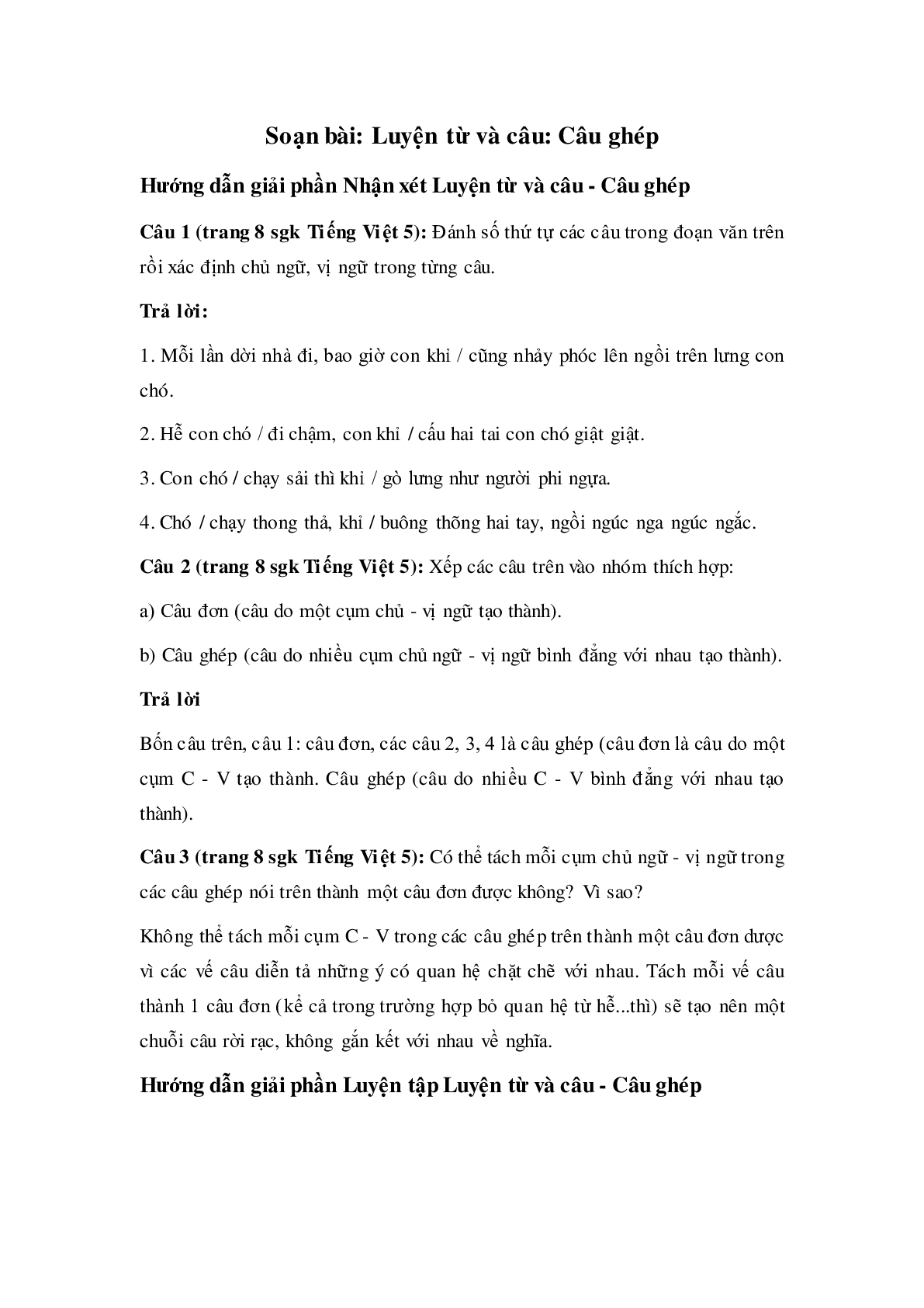 Soạn Tiếng Việt lớp 5: Luyện từ và câu: Câu ghép mới nhất (trang 1)