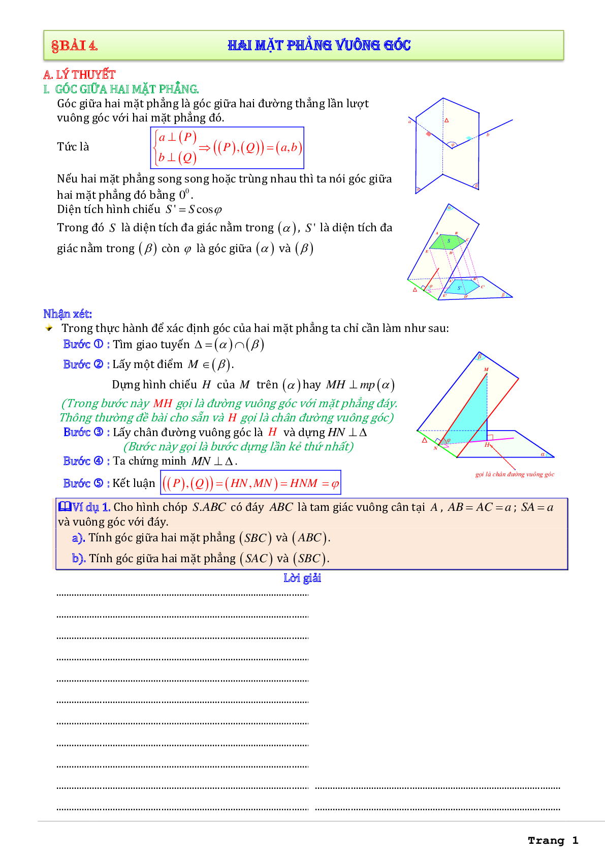 Phương pháp giải Hai mặt phẳng vuông góc 2023 (lý thuyết và bài tập) (trang 1)