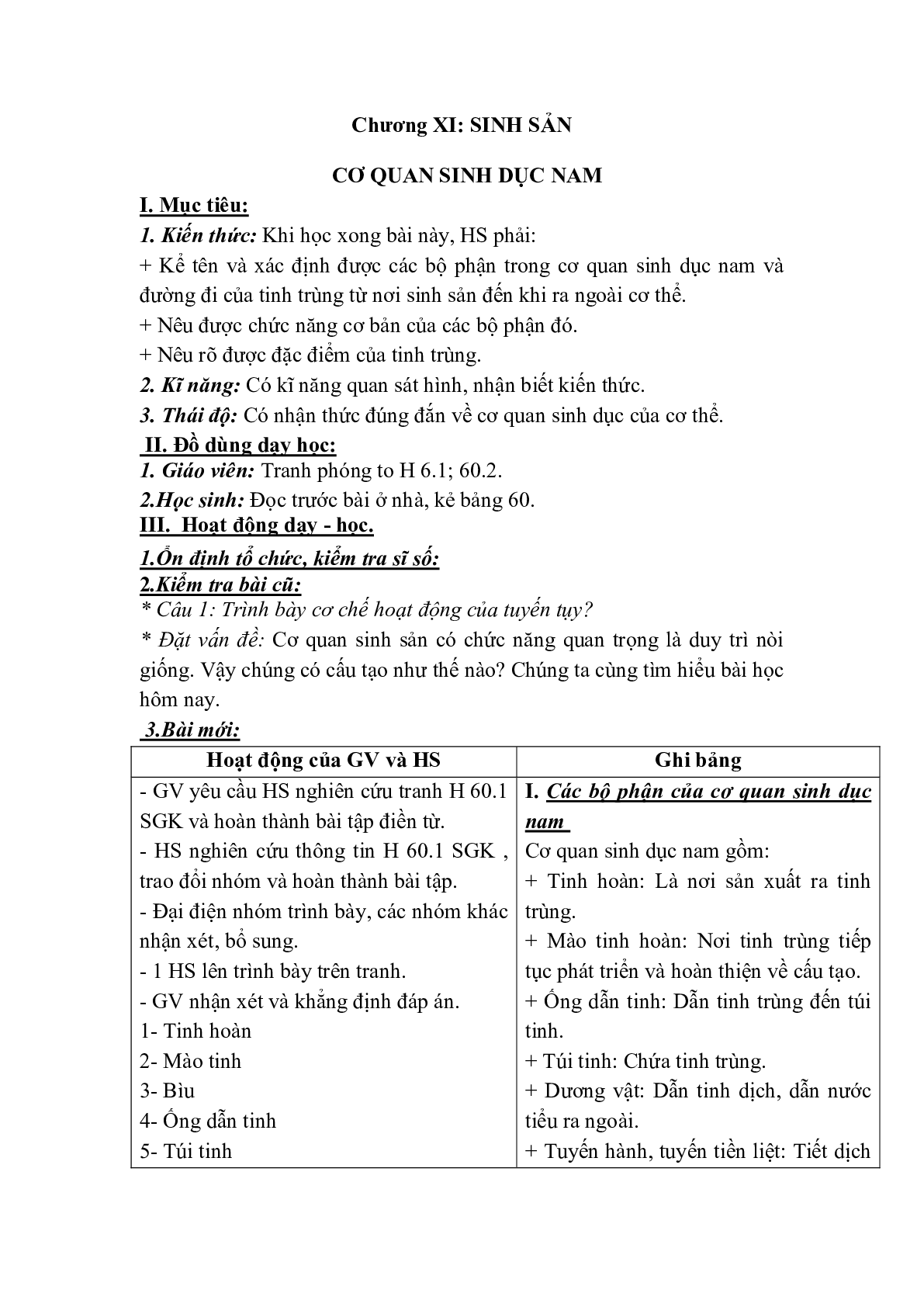 Giáo án Sinh học 8 Bài 60: Cơ quan sinh dục nam mới, chuẩn nhất (trang 1)