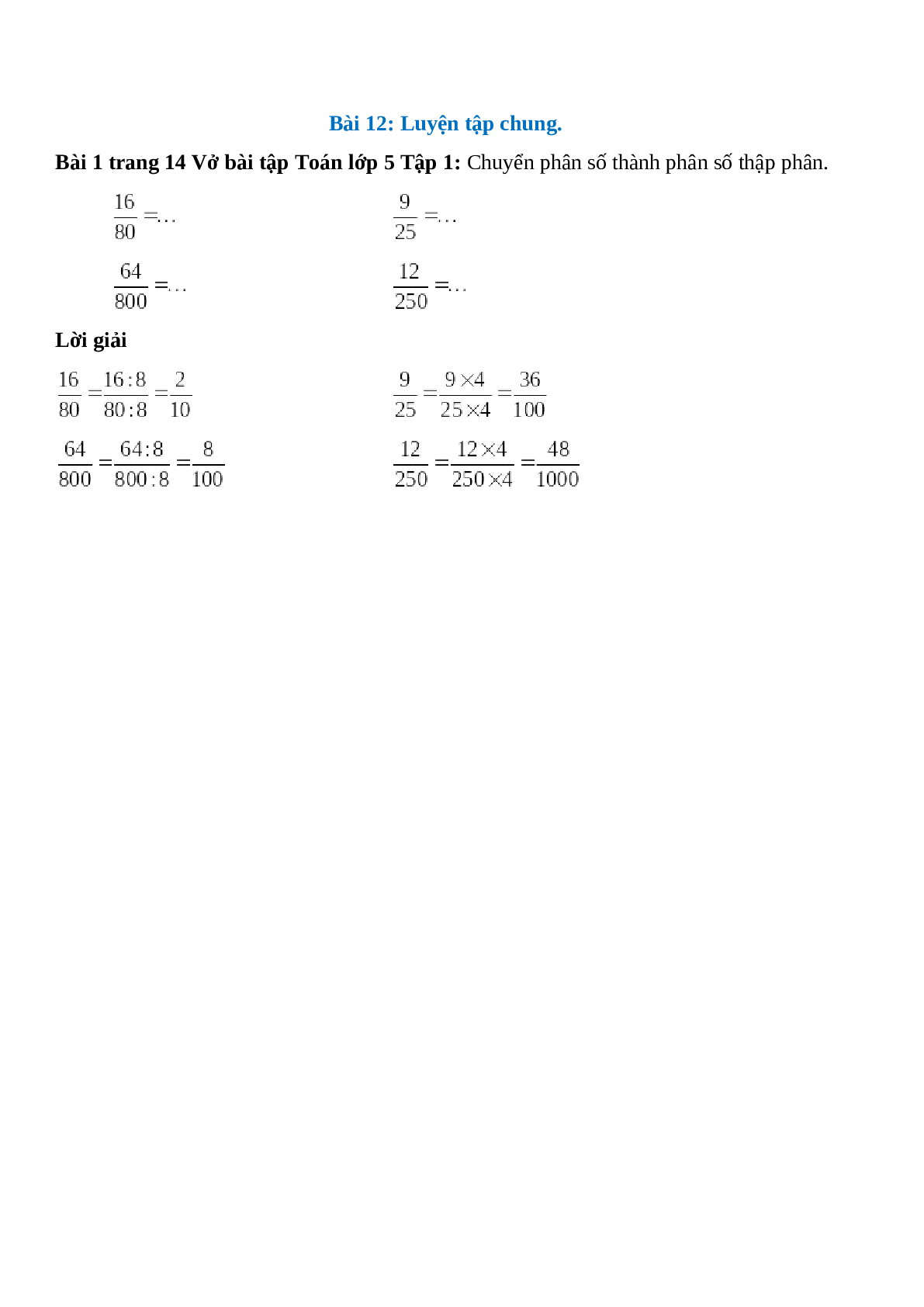 Chuyển phân số thành phân số thập phân: 16/80 = ... (trang 1)