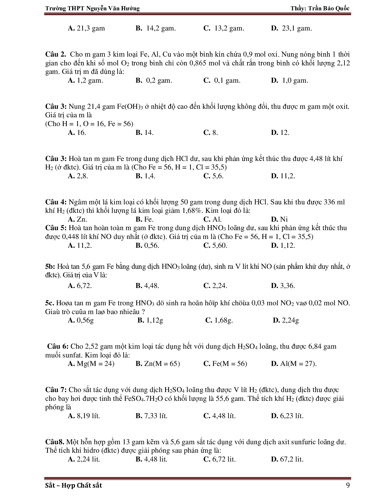 Giáo án Hóa học 12 bài 37: Luyện tập về Sắt mới nhất (trang 9)