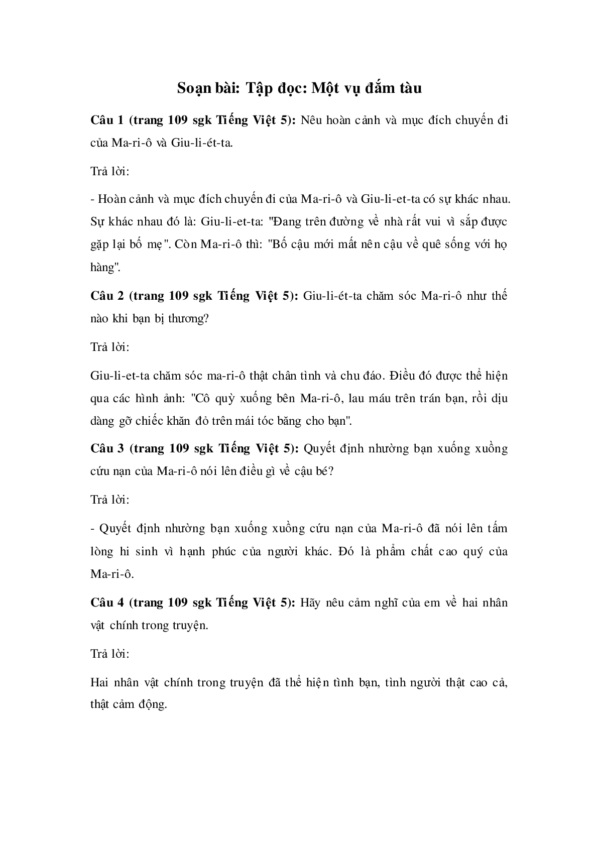 Soạn Tiếng Việt lớp 5: Tập đọc: Một vụ đắm tàu mới nhất (trang 1)