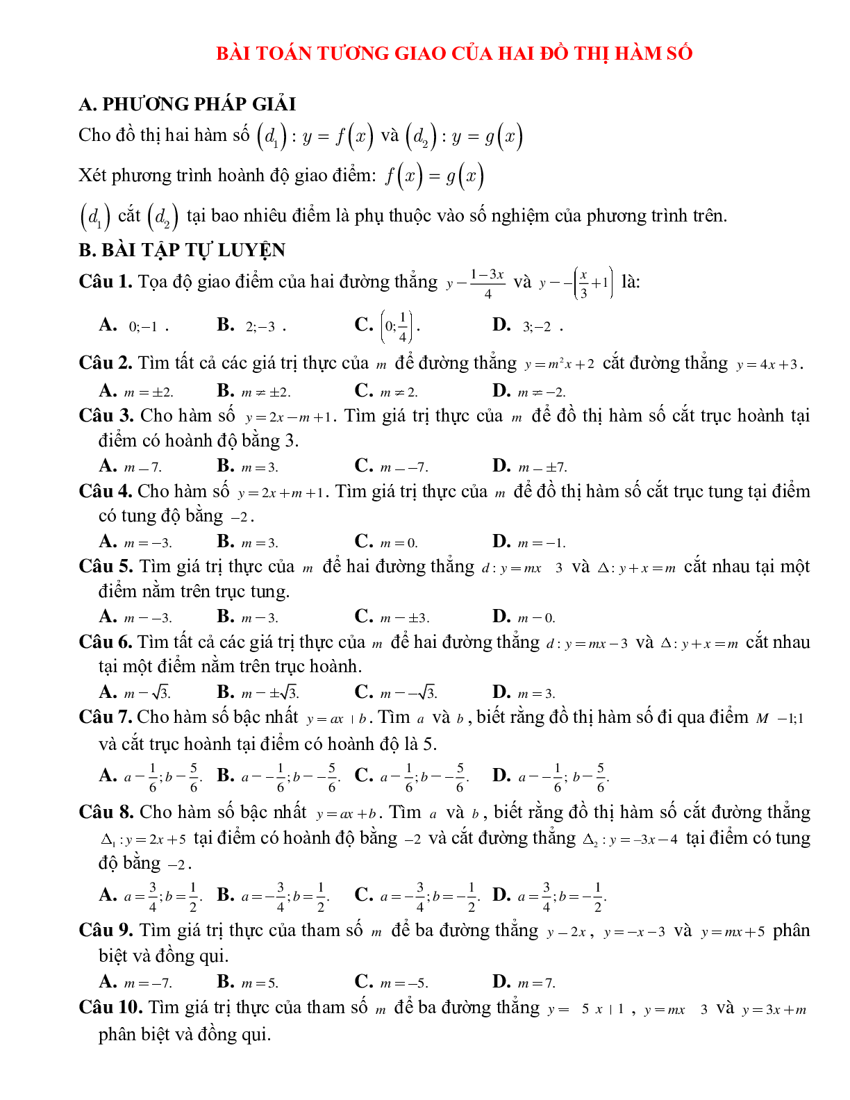 Bài tập tự luyện bài toán tương giao của hai đồ thị hàm số Toán 10 (trang 1)