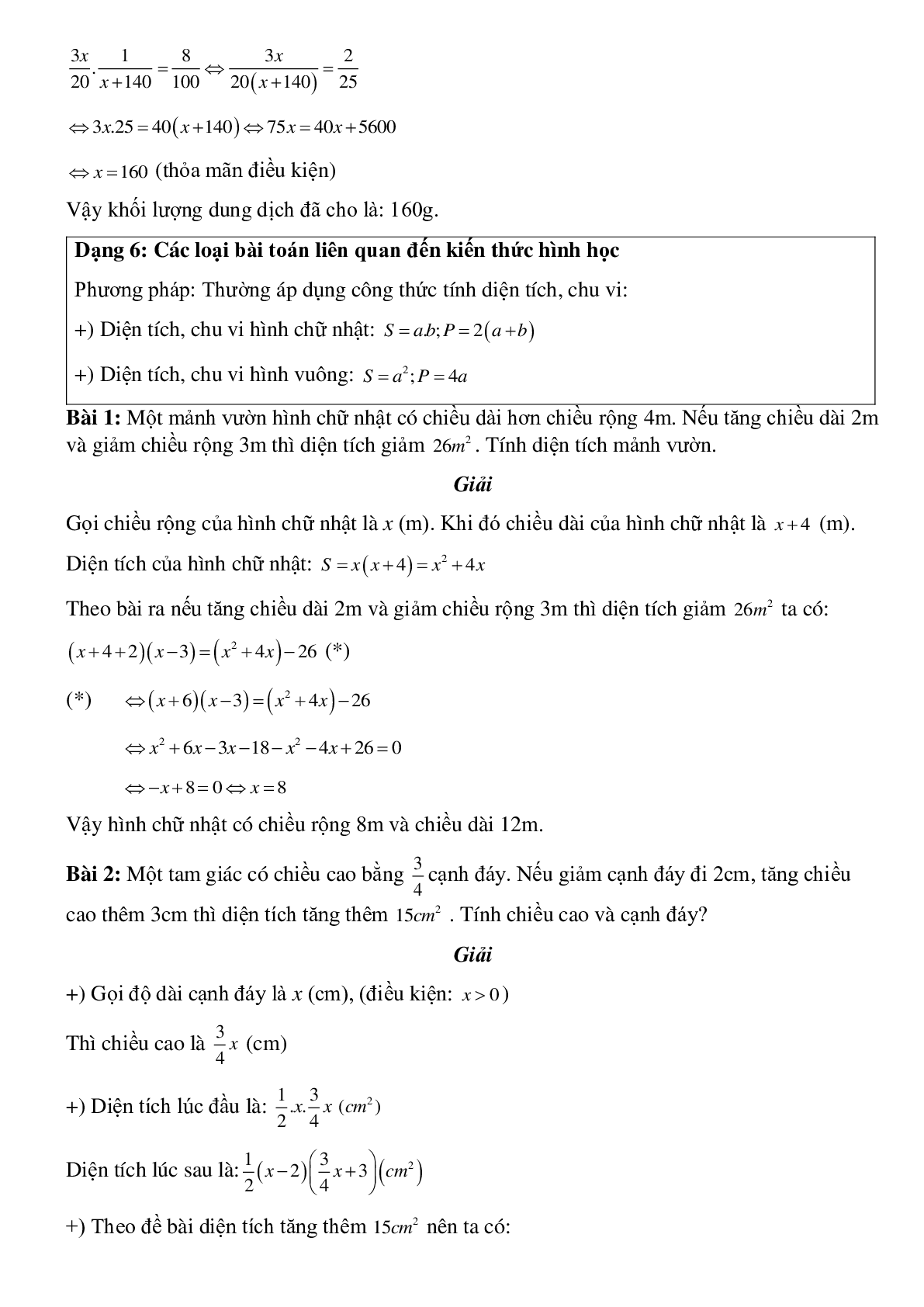 Sáu dạng bài tập thường gặp về Giải bài toán bằng cách lập phương trình có lời giải (trang 8)
