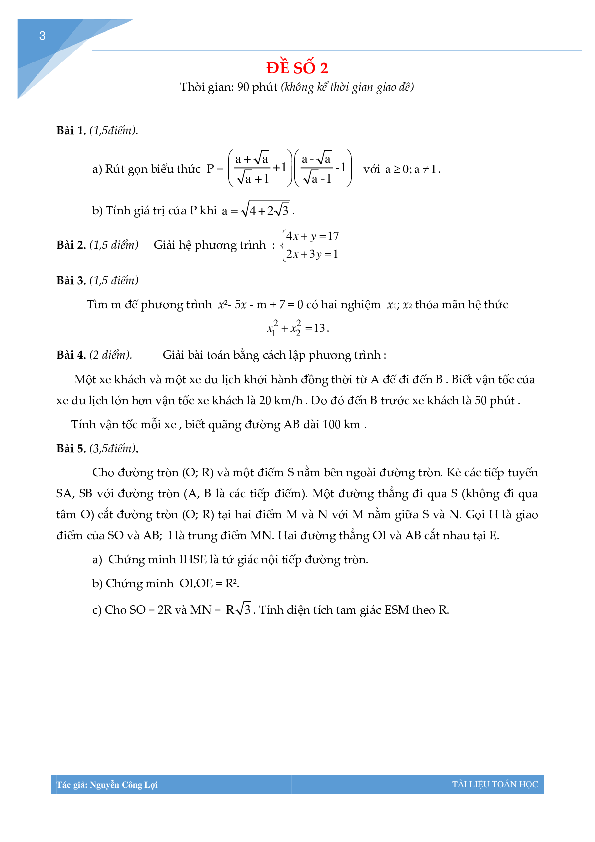 Tuyển tập đề thi học kì 2 môn toán lớp 9 (trang 3)