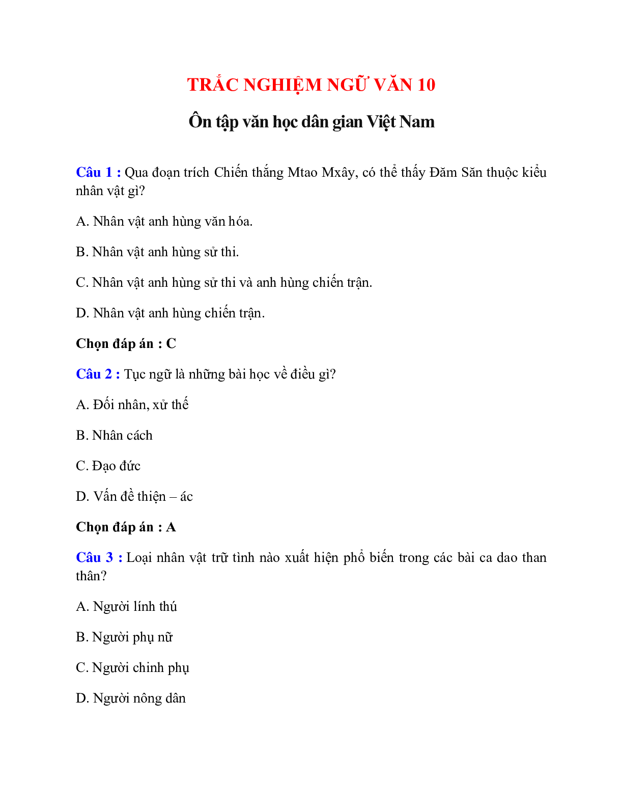 Trắc nghiệm Ôn tập văn học dân gian Việt Nam có đáp án – Ngữ văn lớp 10 (trang 1)