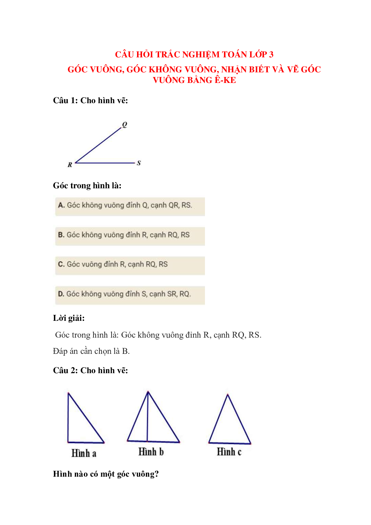 Trắc nghiệm Góc vuông, góc không vuông có đáp án – Toán lớp 3 (trang 1)
