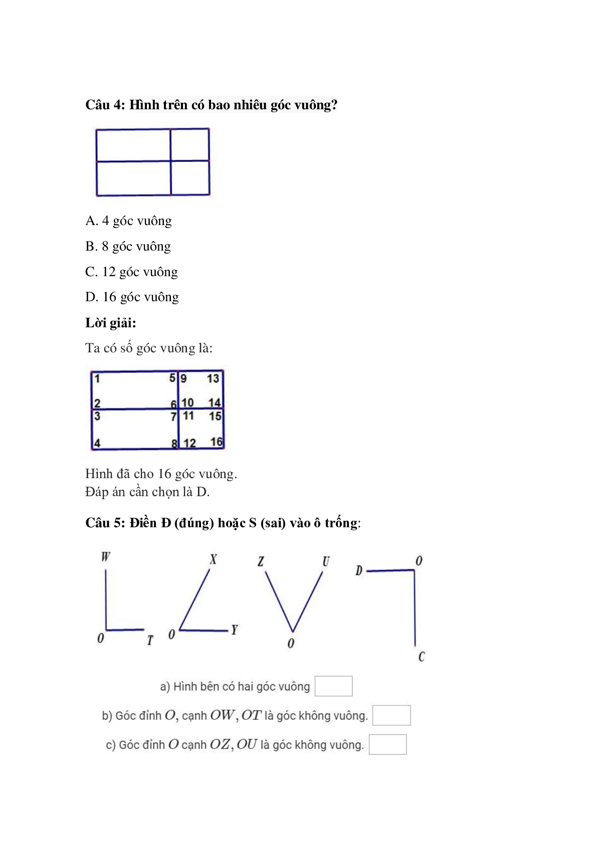 Trắc nghiệm Góc vuông, góc không vuông có đáp án – Toán lớp 3 (trang 3)