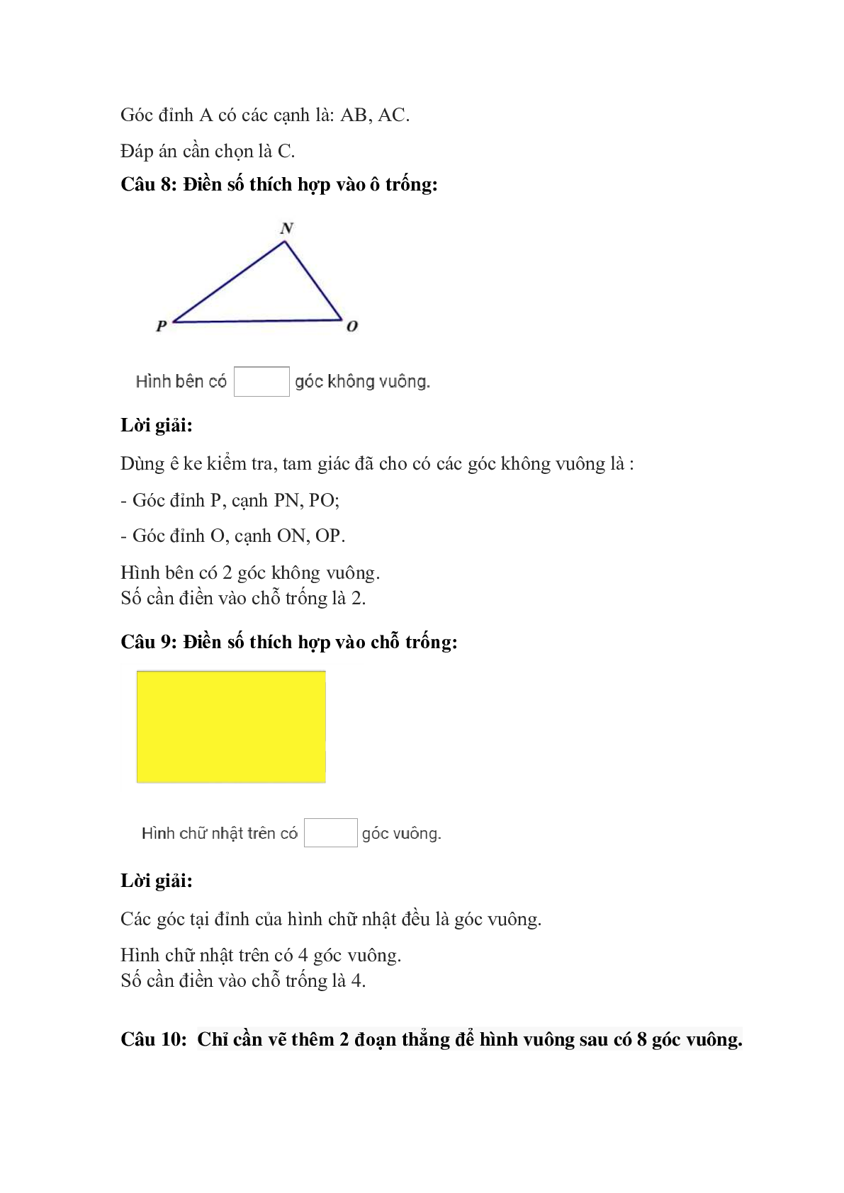 Trắc nghiệm Góc vuông, góc không vuông có đáp án – Toán lớp 3 (trang 5)