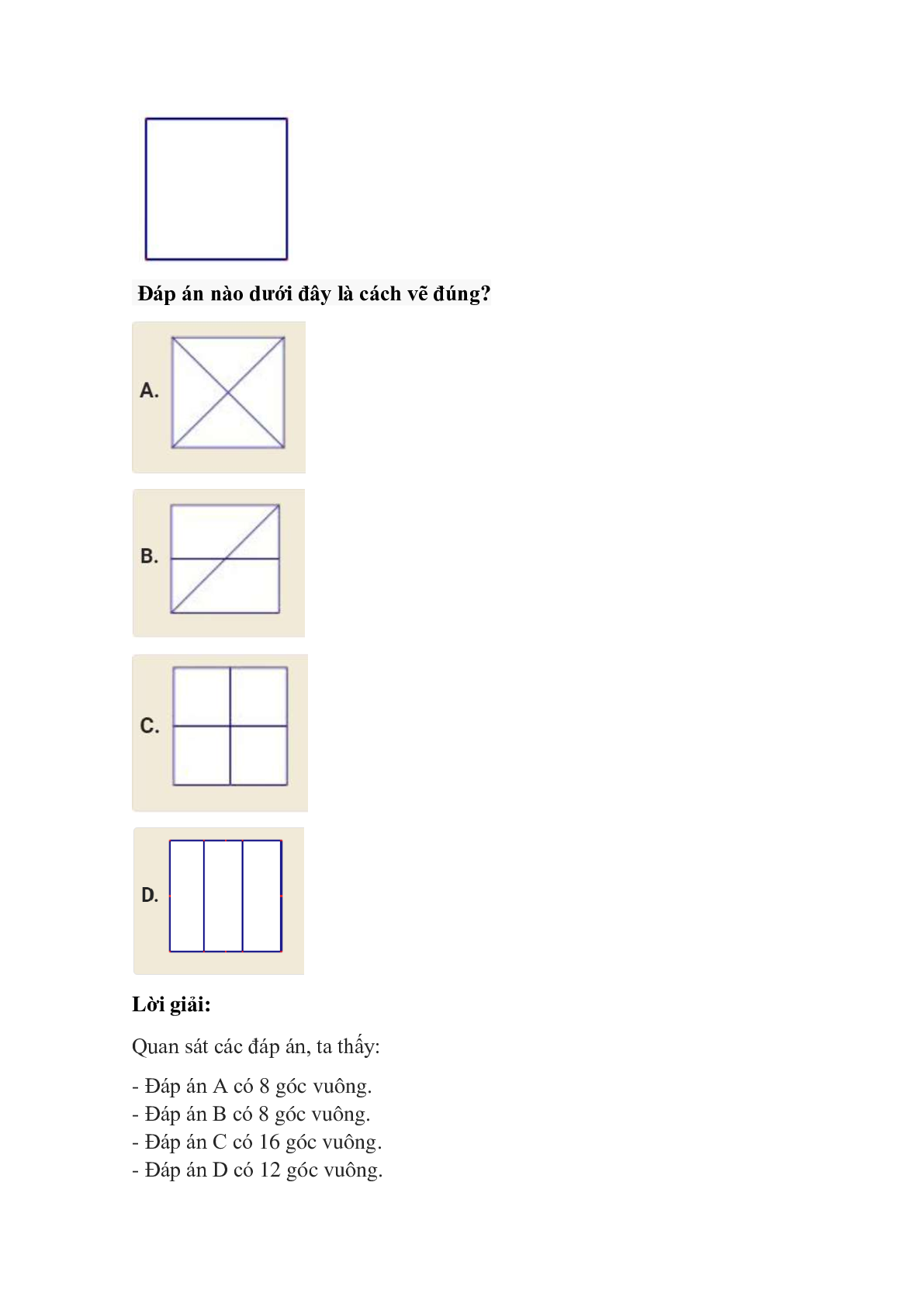 Trắc nghiệm Góc vuông, góc không vuông có đáp án – Toán lớp 3 (trang 6)
