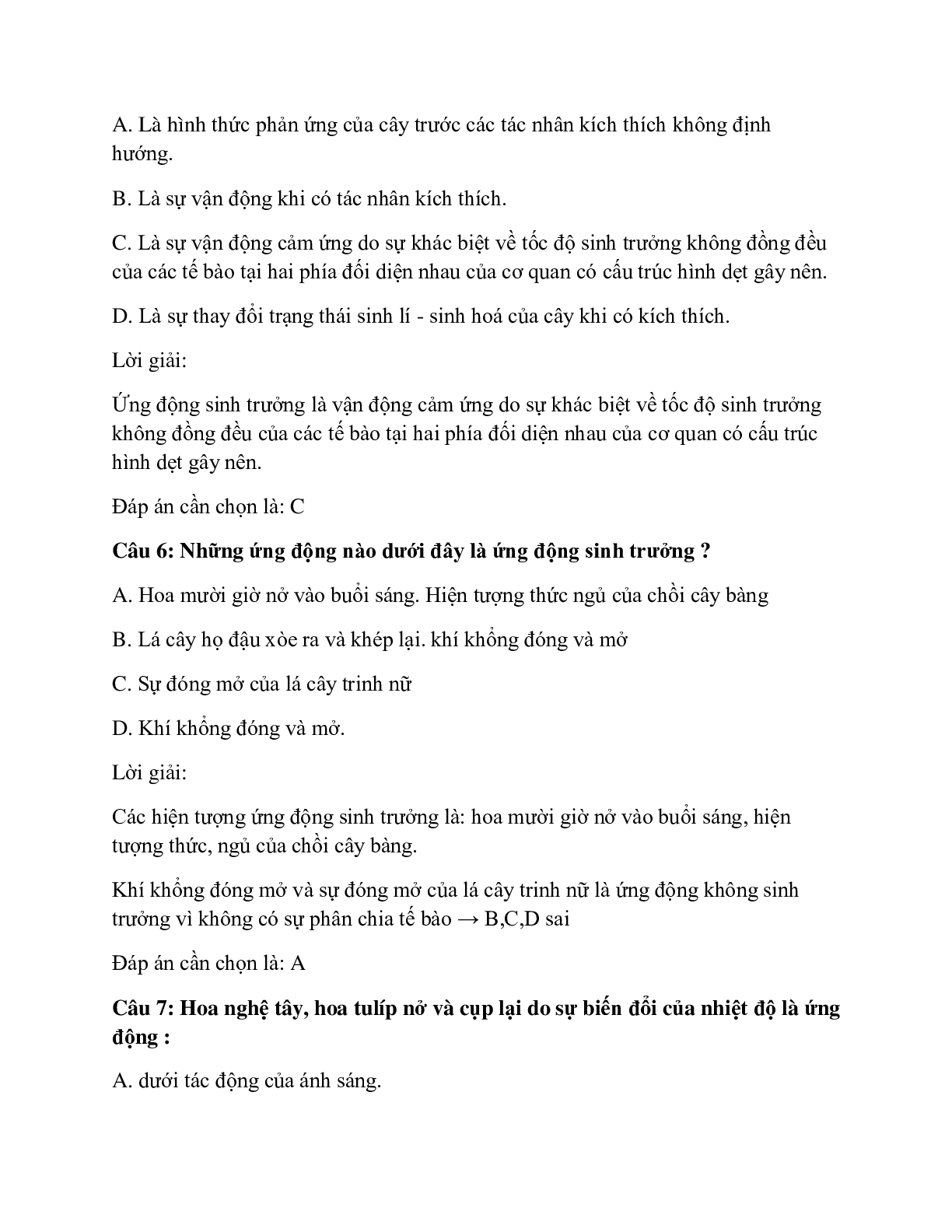 33 câu Trắc nghiệm Sinh học 11 Bài 24 có đáp án 2023: Ứng động (trang 3)