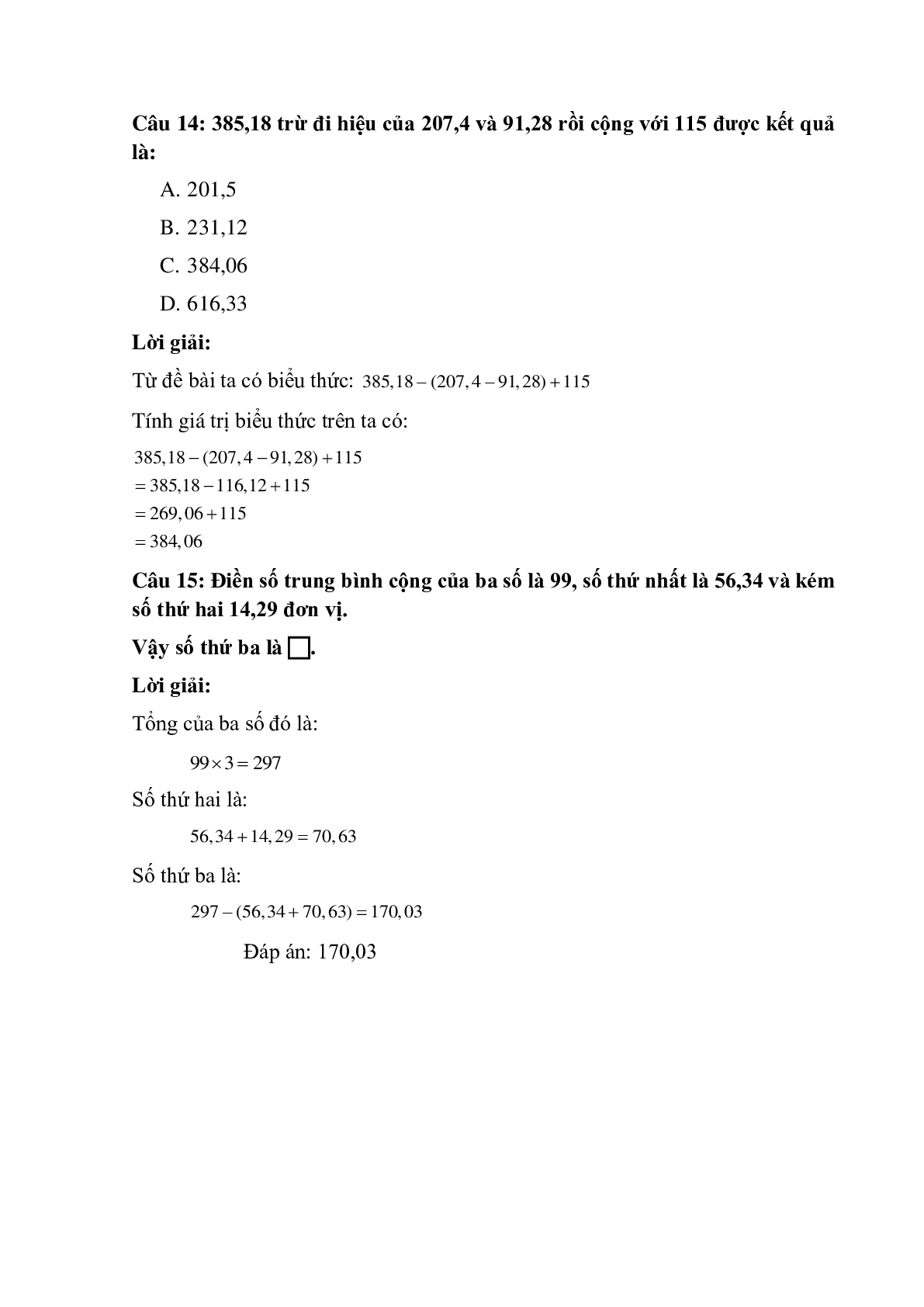 15 câu Trắc nghiệm  Luyện tập phép cộng và phép trừ số thập phân có đáp án 2023 – Toán lớp 5 (trang 6)