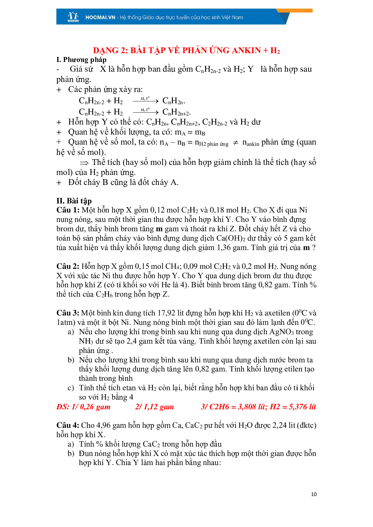 Các dạng bài tập về ankin có đáp án, chọn lọc (trang 10)