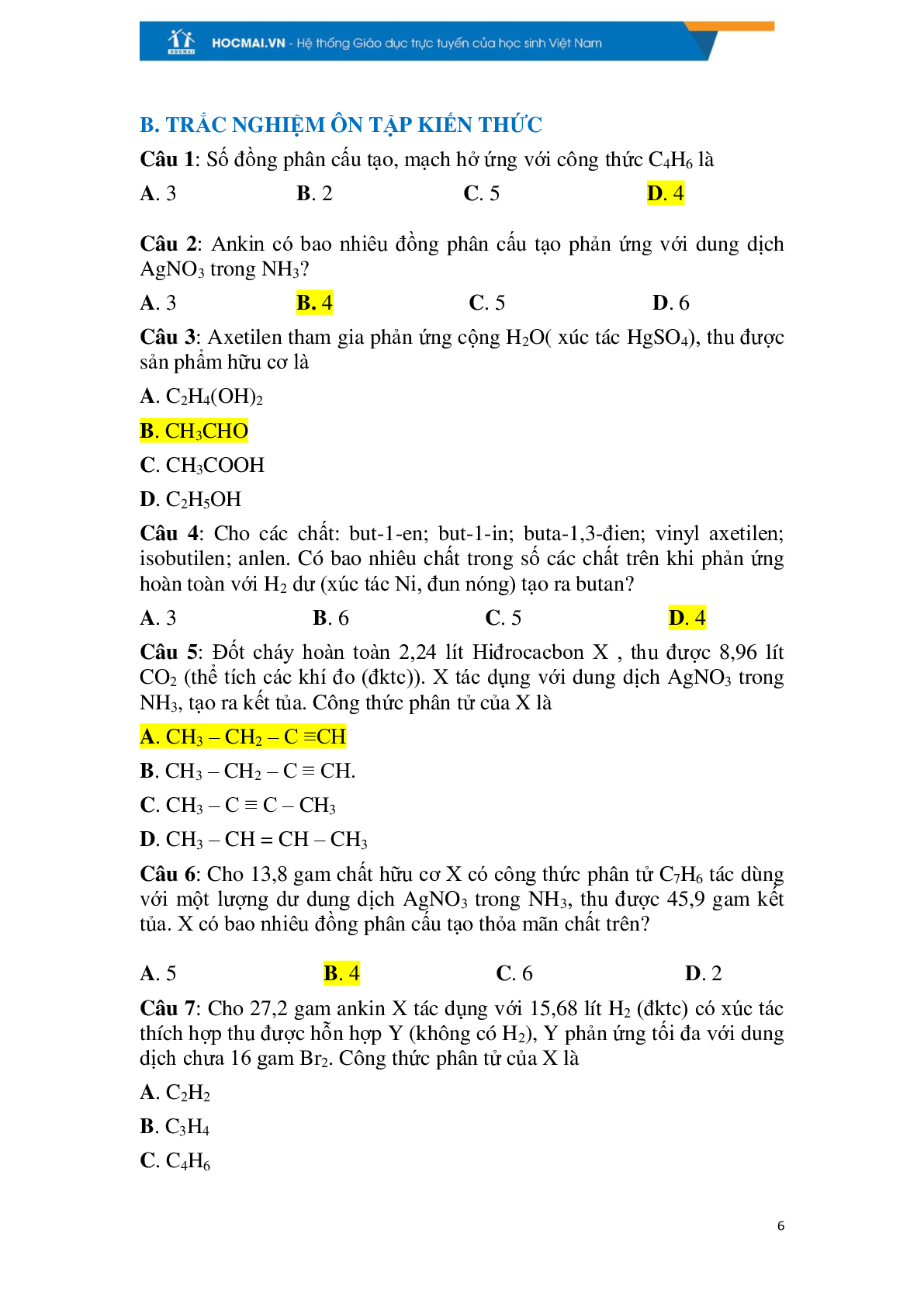 Các dạng bài tập về ankin có đáp án, chọn lọc (trang 6)