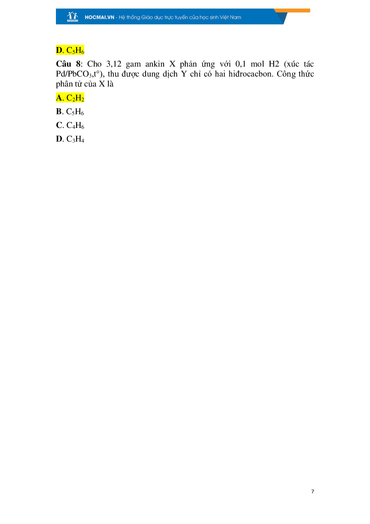 Các dạng bài tập về ankin có đáp án, chọn lọc (trang 7)