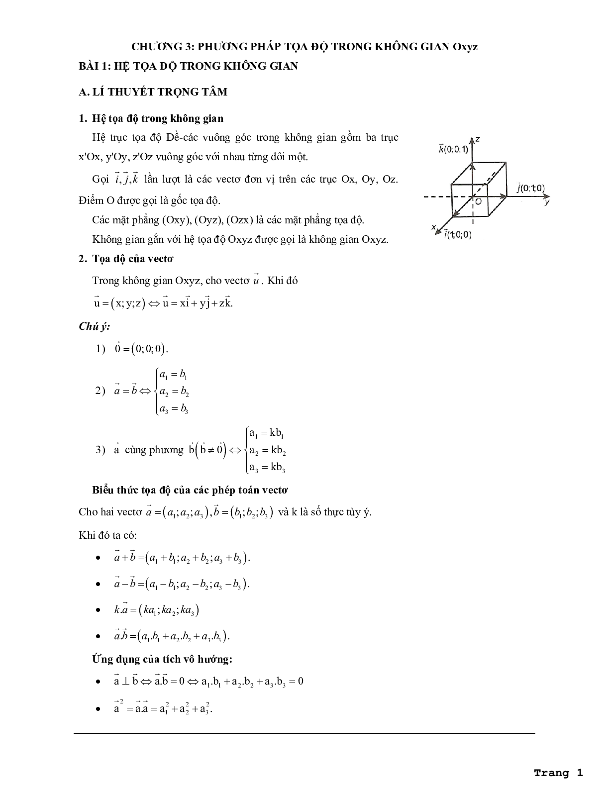 Các dạng bài tập vận dụng cao hệ tọa độ trong không gian (trang 1)