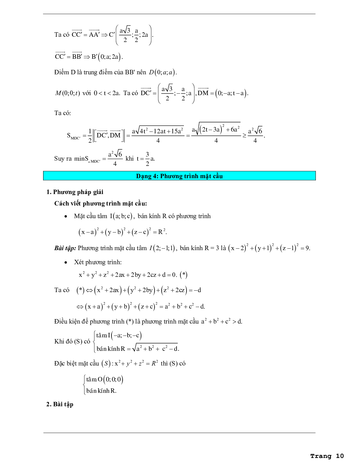 Các dạng bài tập vận dụng cao hệ tọa độ trong không gian (trang 10)