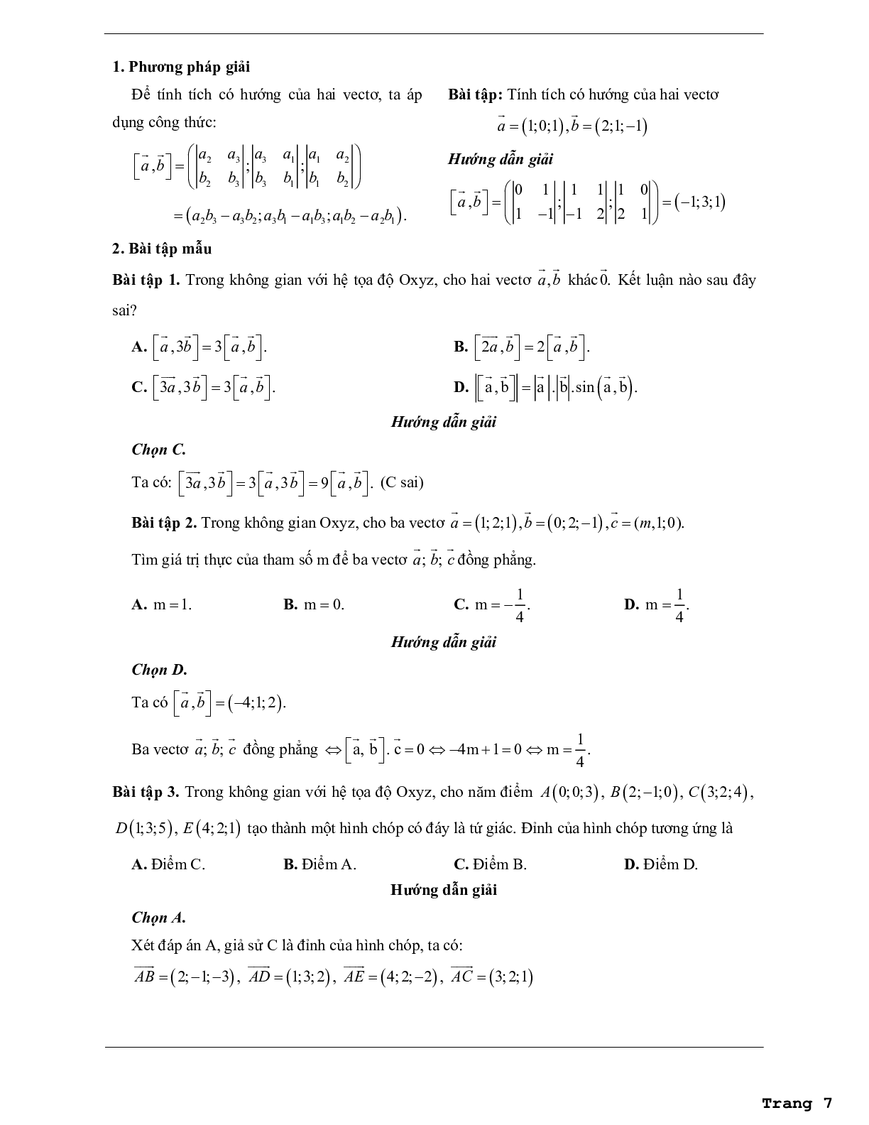 Các dạng bài tập vận dụng cao hệ tọa độ trong không gian (trang 7)