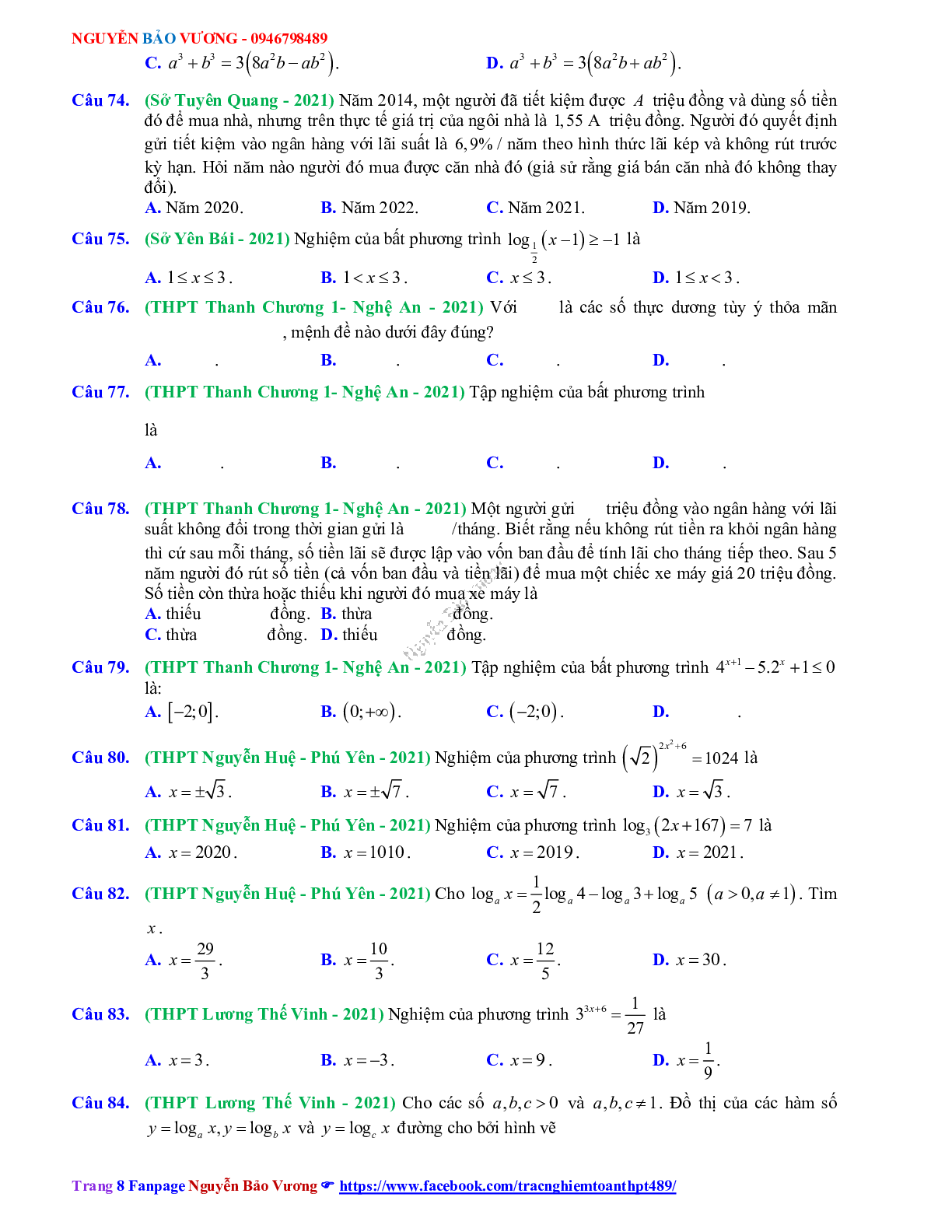 Trắc nghiệm Ôn thi THPT QG Toán 12 có đáp án: Câu hỏi mũ - lũy thừa - logarit mức độ thông hiểu (trang 8)