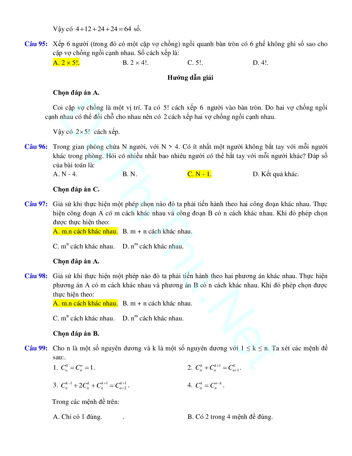 50 câu trắc nghiệm Quy tắc đếm - Chỉnh hợp - Tổ hợp có đáp án 2023 (trang 9)