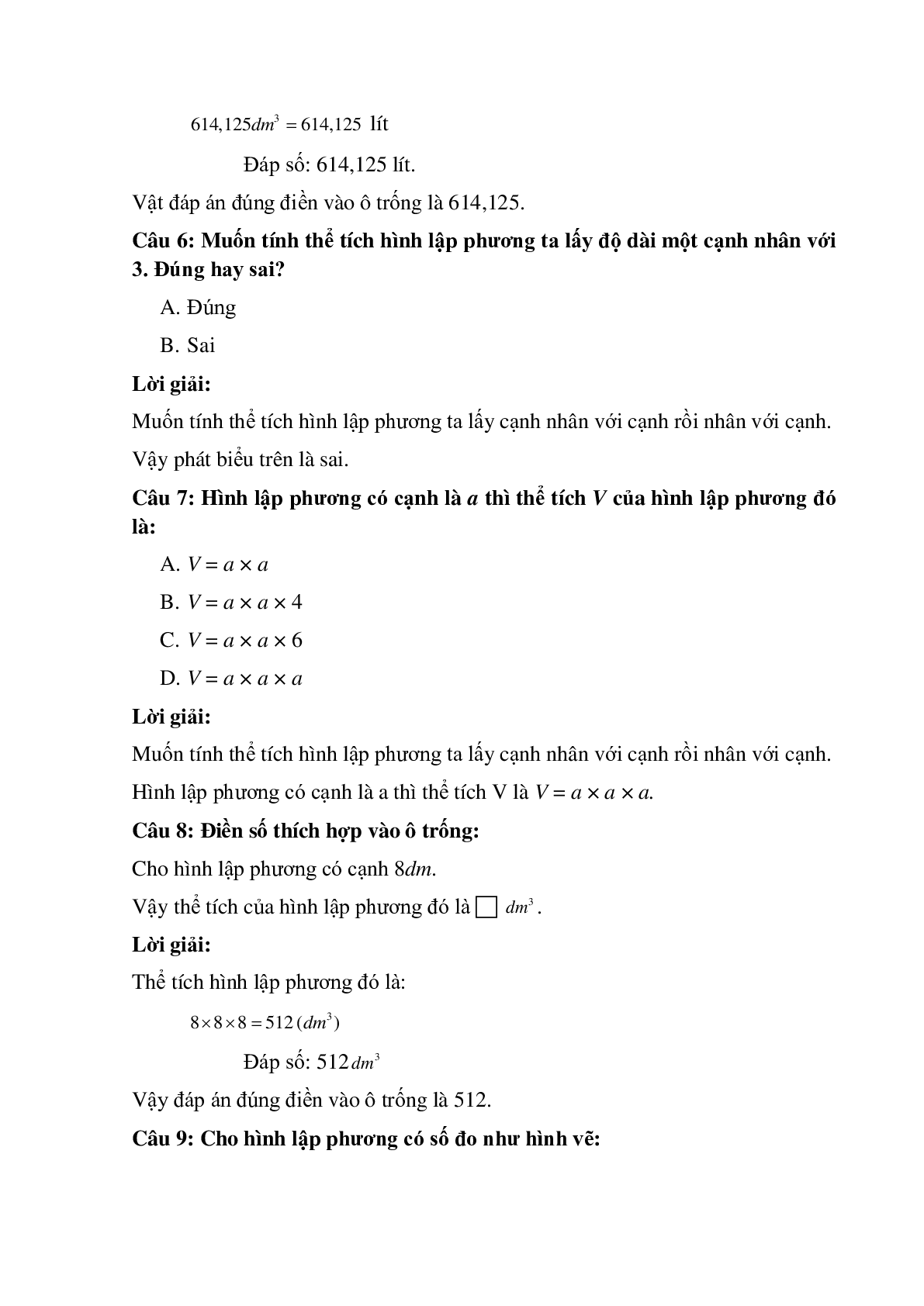 14 câu Trắc nghiệm Thể tích hình hộp lập phương có đáp án 2023 – Toán lớp 5 (trang 3)