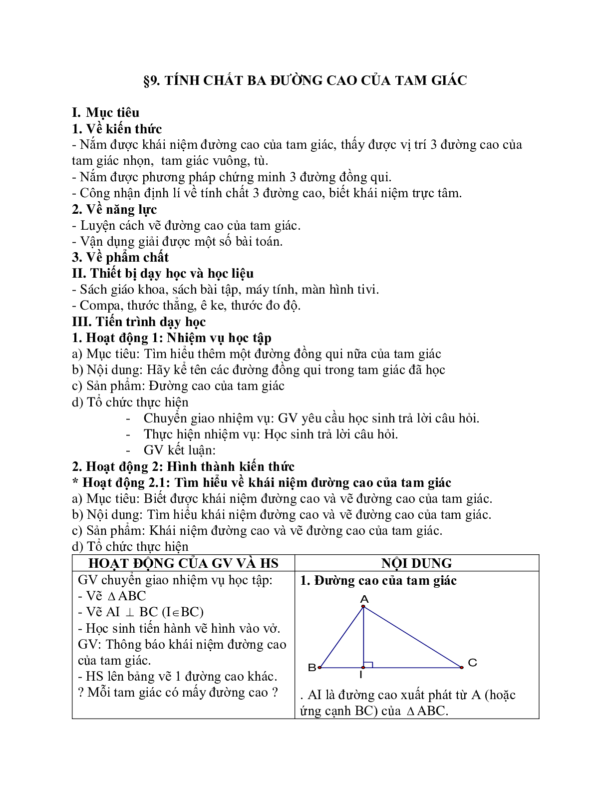Giáo án Toán học 7 bài 9: Tính chất ba đường cao của tam giác chuẩn nhất (trang 1)