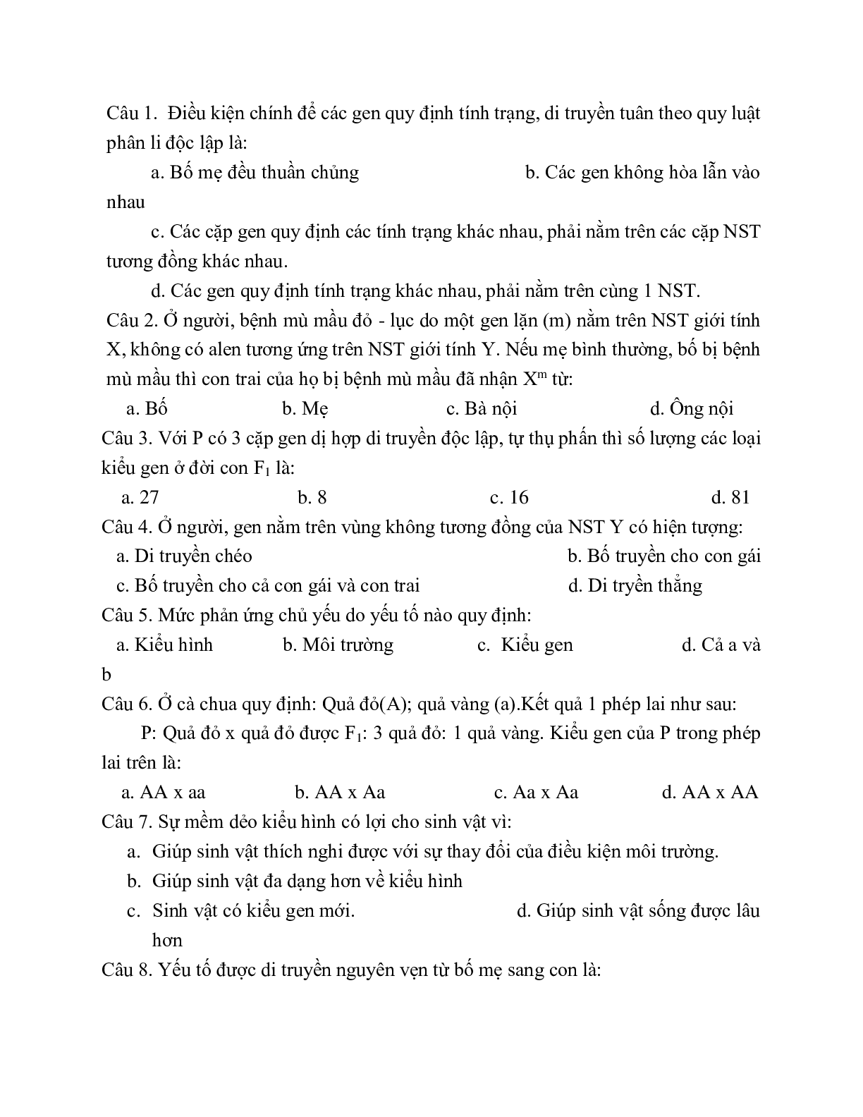 Giáo án Sinh học 12 Ôn tập giữa học kì 2 (t2) mới nhất - CV5555 (trang 6)
