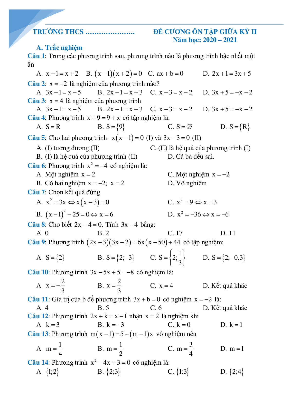 Đề cương giữa kì 2 môn toán lớp 8 (trang 1)