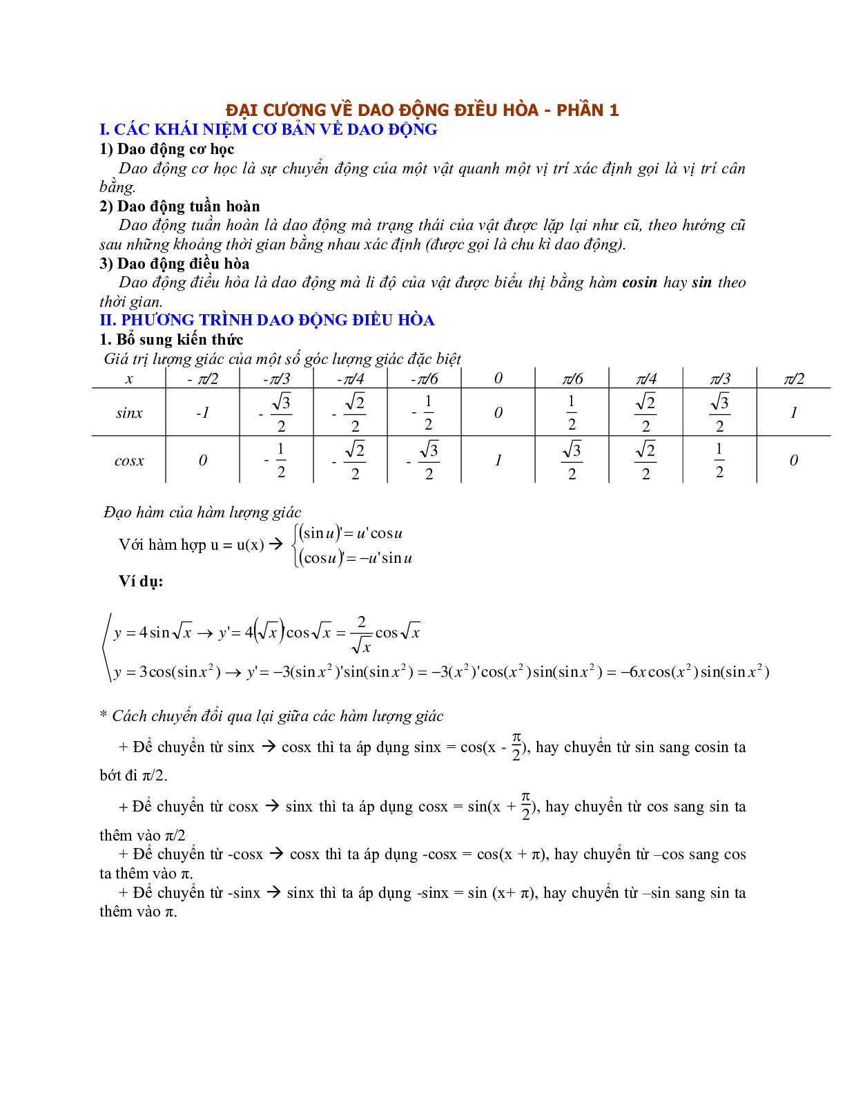 Chuyên đề Đại cương về dao động điều hòa môn Vật Lý lớp 12 (trang 1)