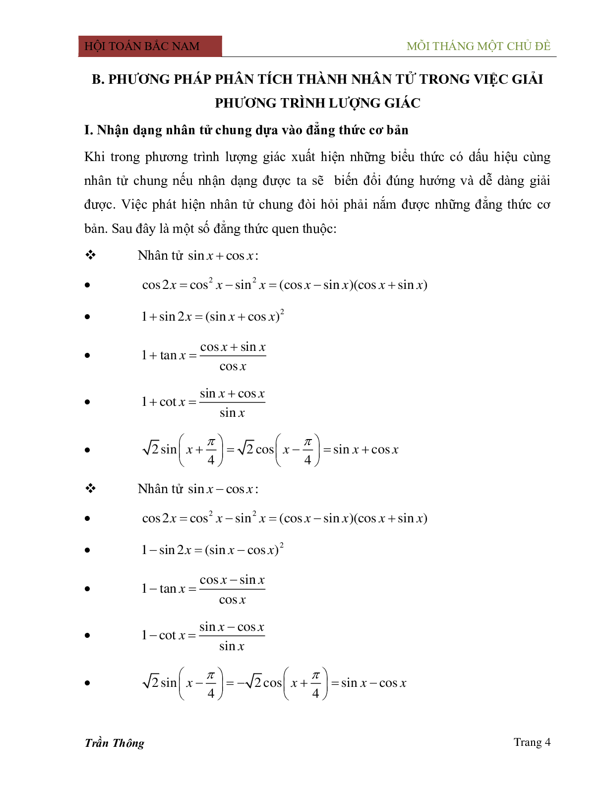 Phương pháp phân tích thành nhân tử trong việc giải phương trình lượng giác (trang 4)