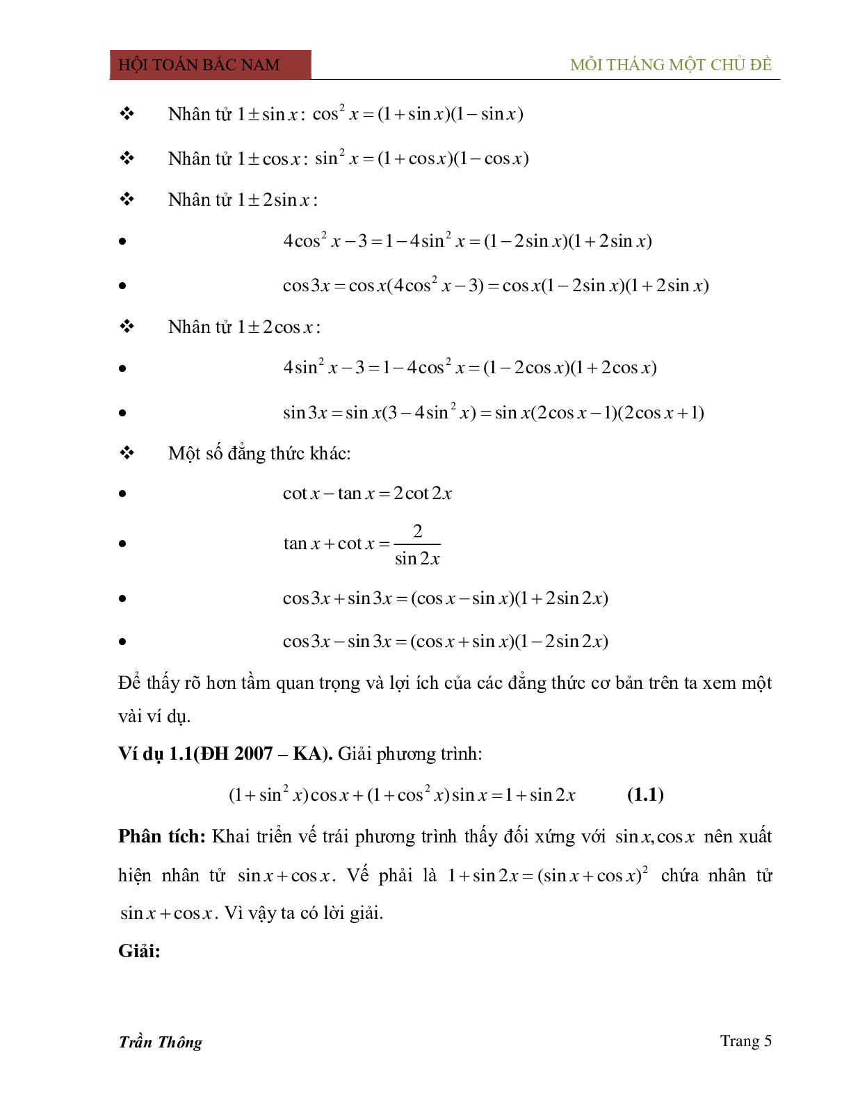 Phương pháp phân tích thành nhân tử trong việc giải phương trình lượng giác (trang 5)