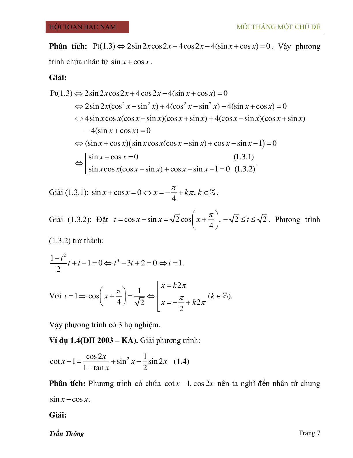 Phương pháp phân tích thành nhân tử trong việc giải phương trình lượng giác (trang 7)