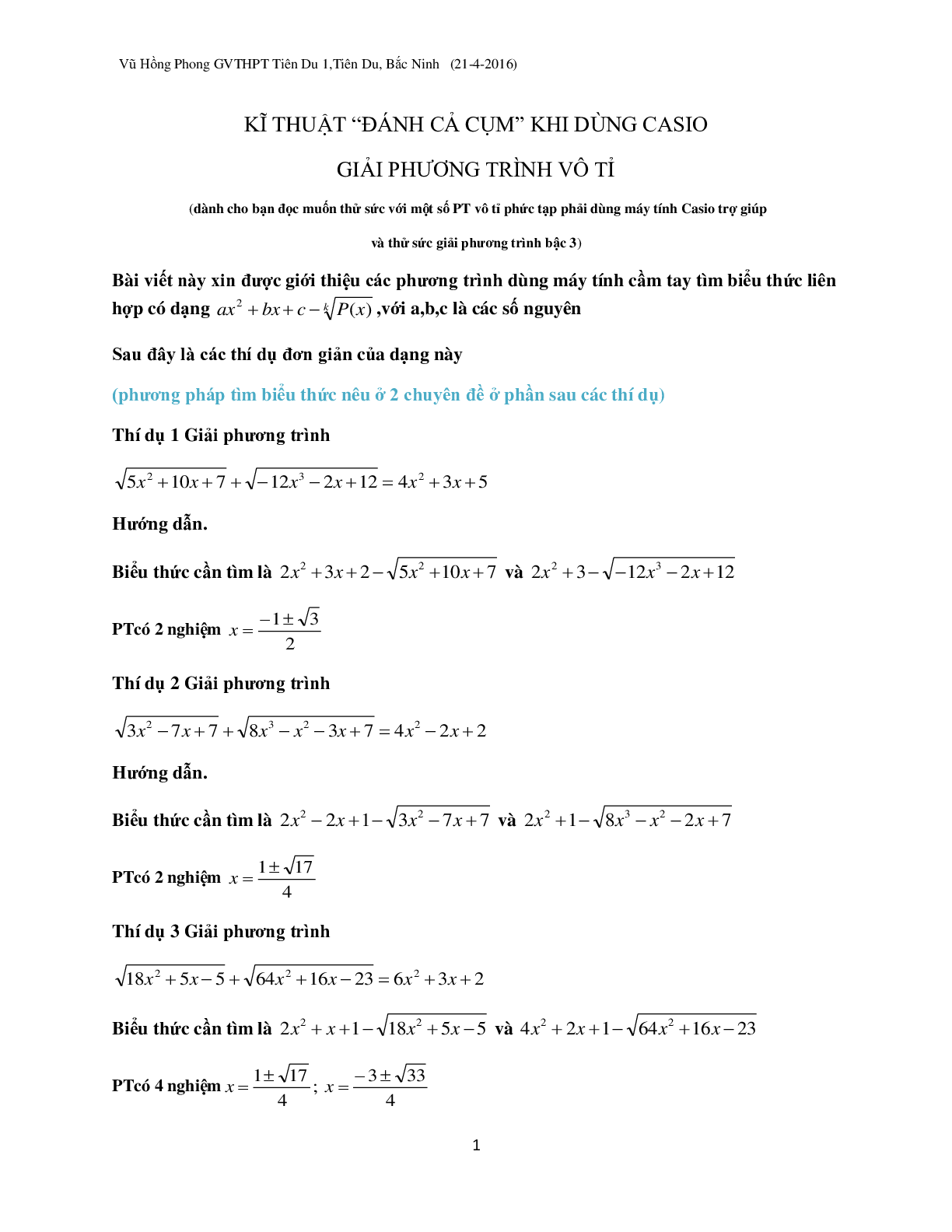 Kỹ thuật ‘đánh cả cụm’ khi dùng Casio giải phương trình vô tỉ (trang 1)