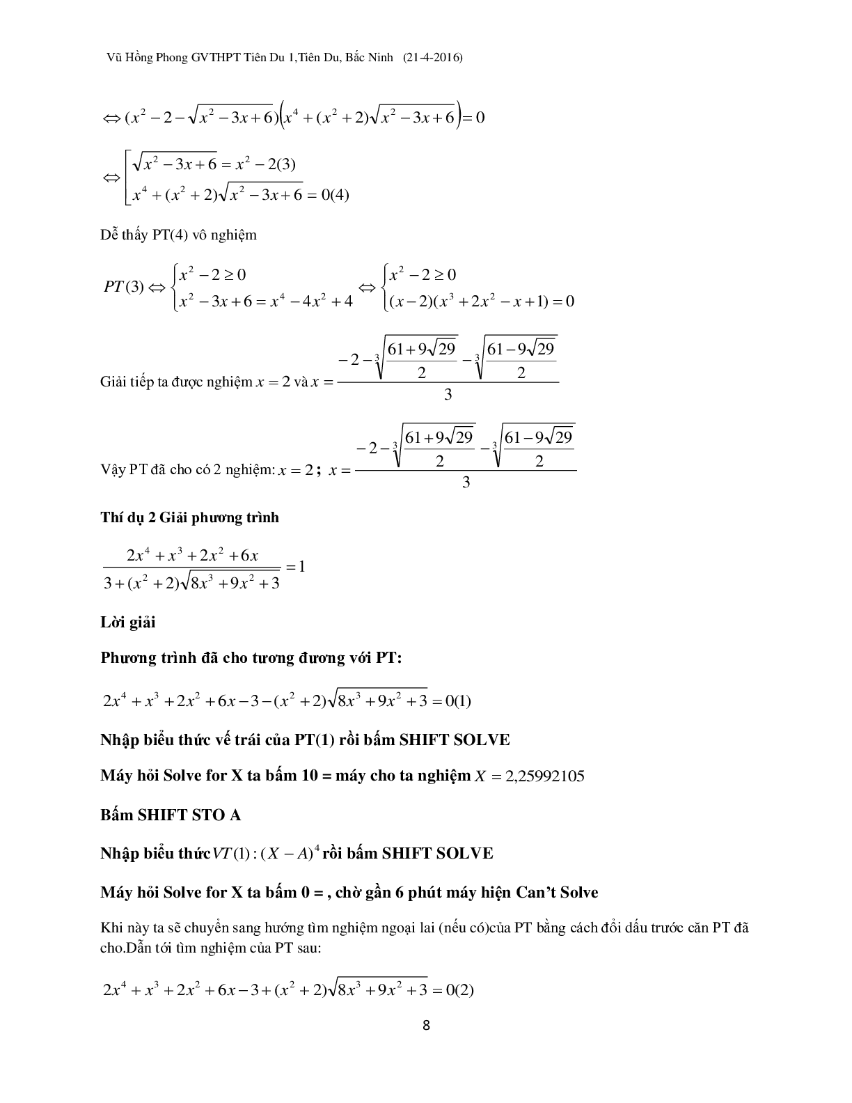 Kỹ thuật ‘đánh cả cụm’ khi dùng Casio giải phương trình vô tỉ (trang 8)