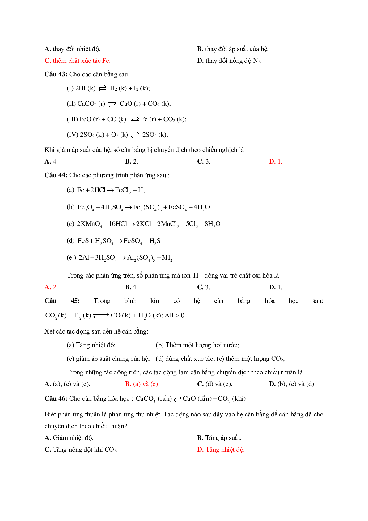 57 câu trắc nghiệm ôn tập Tốc độ phản ứng và cân bằng hóa học có đáp án môn Hóa lớp 10 (trang 7)