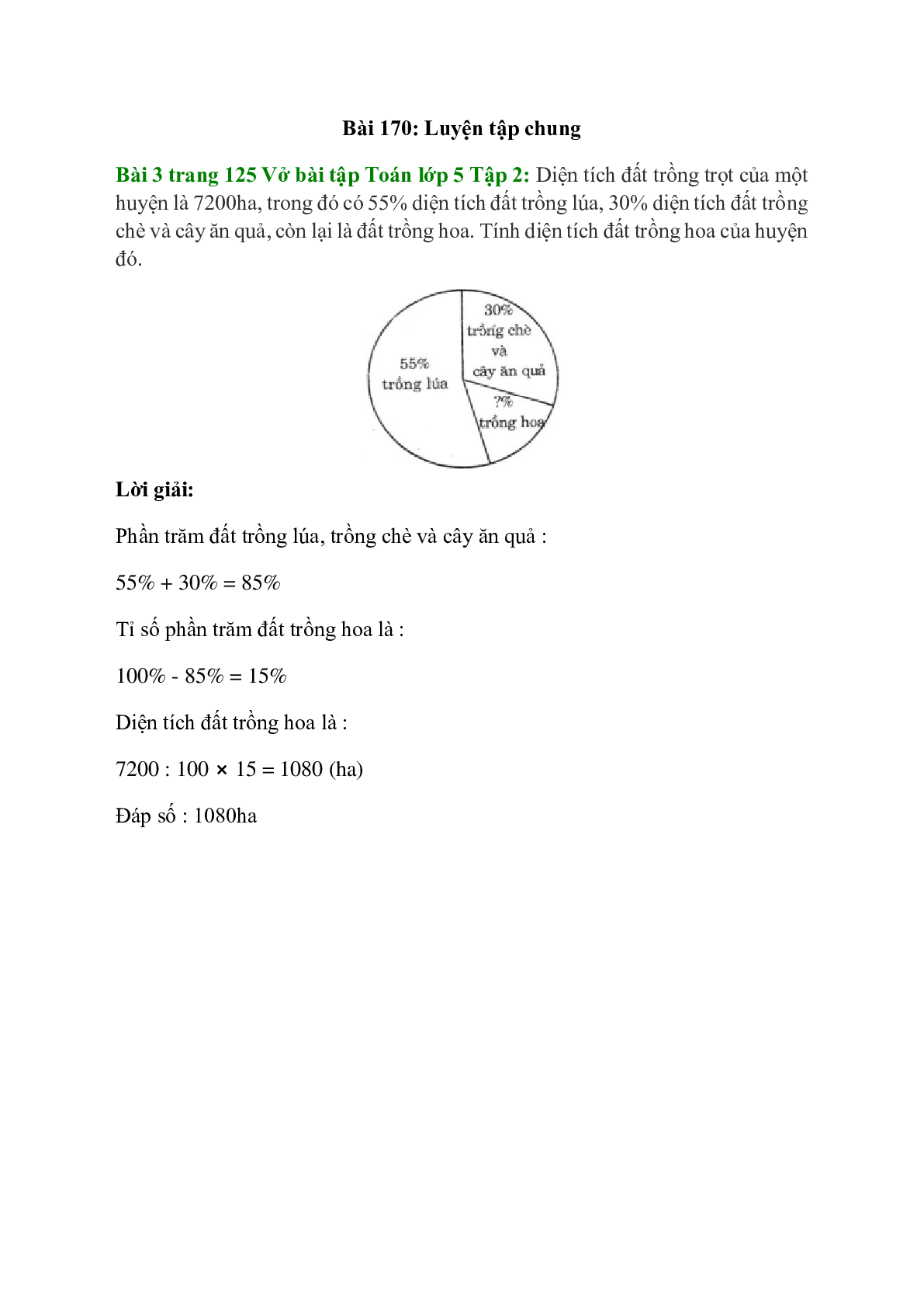 Diện tích đất trồng trọt của một huyện là 7200ha, trong đó có 55% diện tích đất trồng lúa, 30% diện tích đất trồng chè và cây ăn quả, còn lại là đất trồng hoa (trang 1)