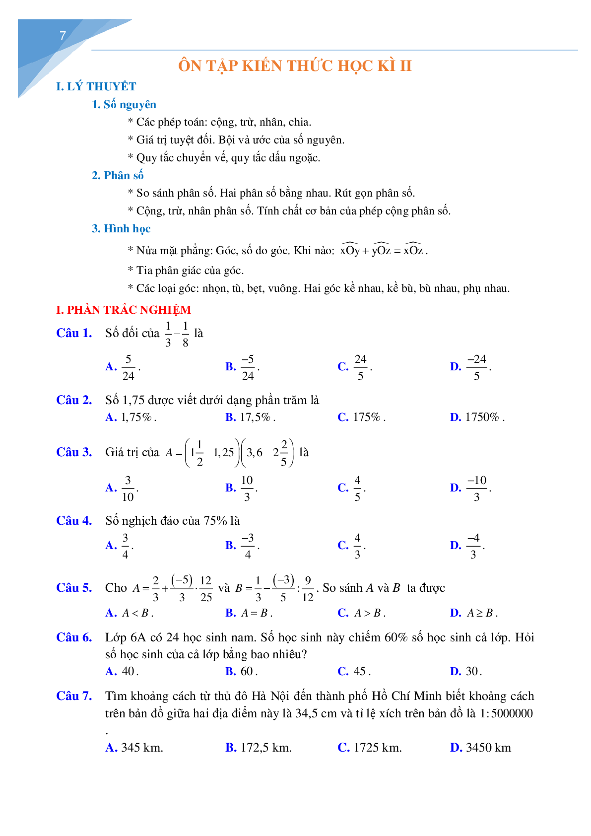 Đề cương ôn tập hè môn toán lớp 6 lên lớp 7 (trang 7)