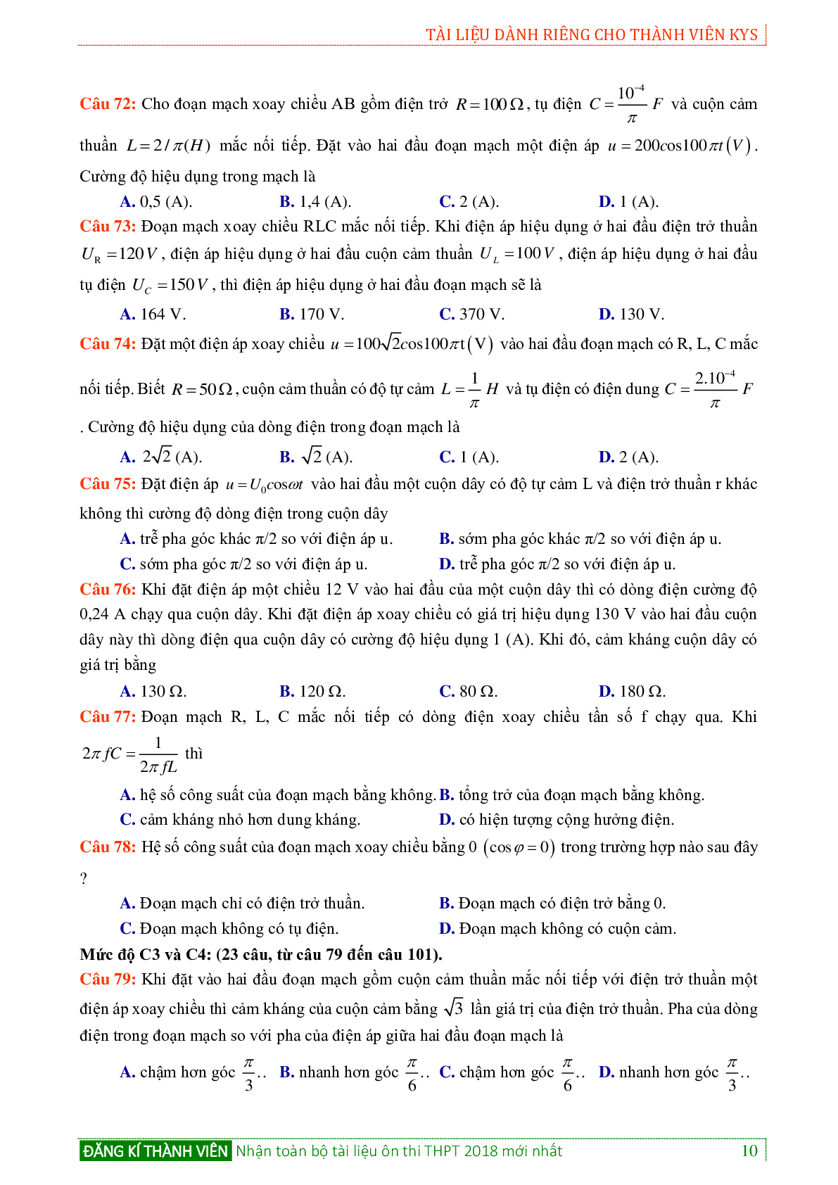Bộ Đề 120 Câu Trắc Nghiệm Dòng Điện Xoay Chiều Môn Vật Lý Lớp 12 (trang 10)