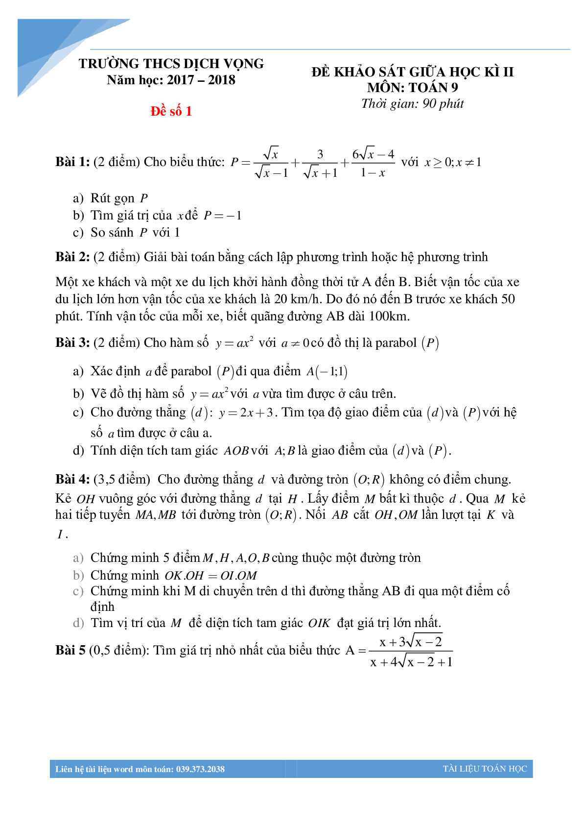 Bộ 20 đề giữa kì 2 môn toán lớp 9 các trường Hà Nội năm 2022 (trang 1)