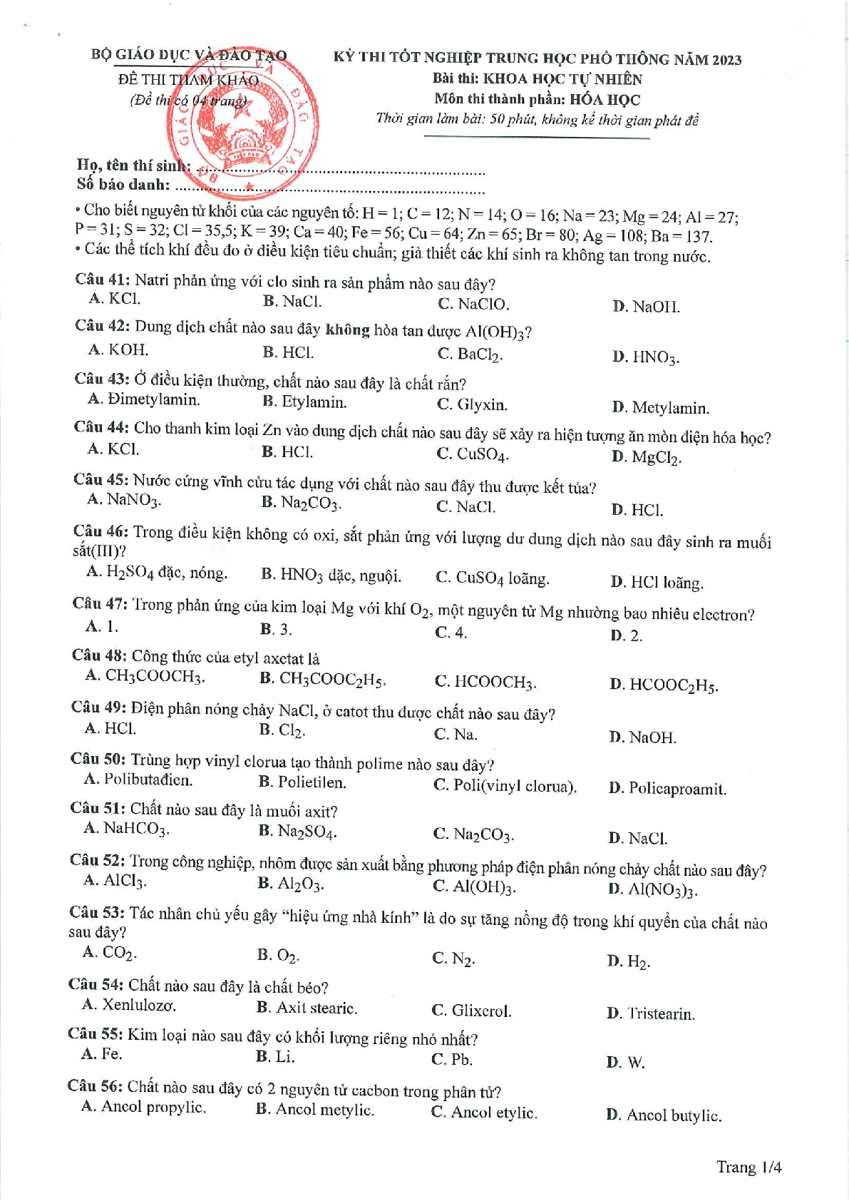 Đề tham khảo tốt nghiệp THPT môn Hóa học năm  (có lời giải) (trang 1)