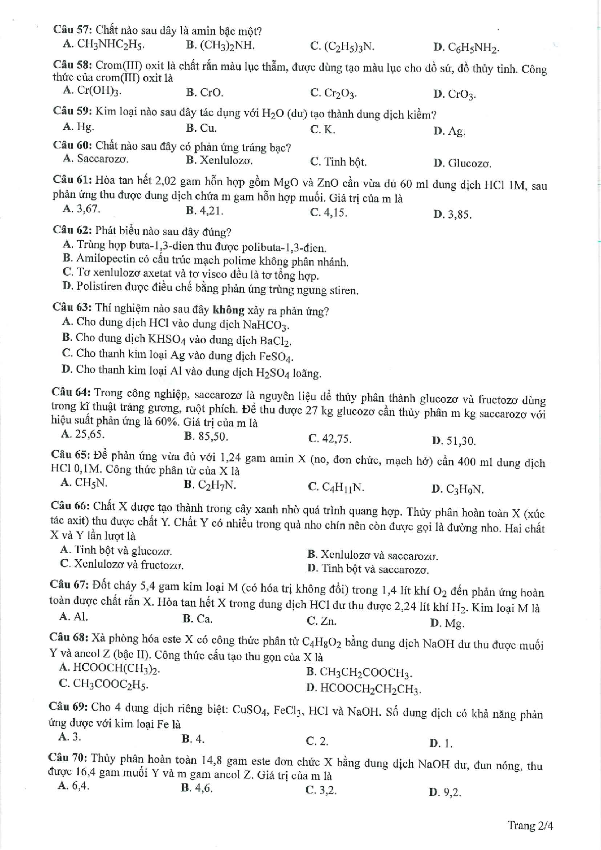 Đề tham khảo tốt nghiệp THPT môn Hóa học năm  (có lời giải) (trang 2)