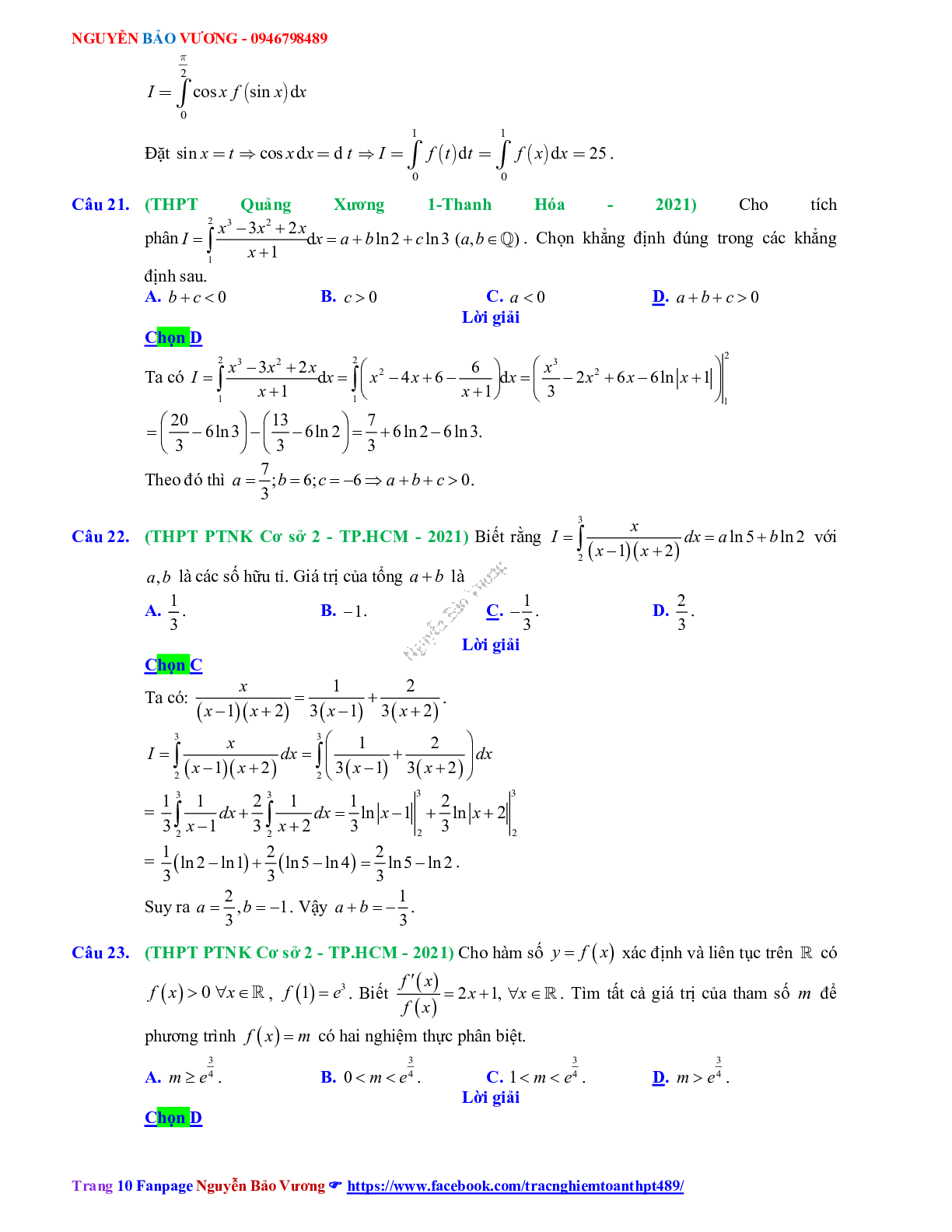 Trắc nghiệm Ôn thi THPT QG Toán 12: Đáp án nguyên hàm - tích phân mức độ vận dụng (trang 10)