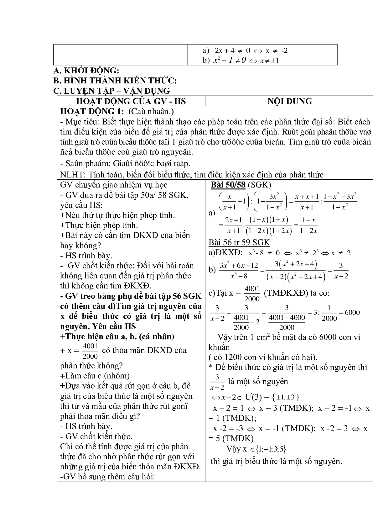 Giáo án Luyện tập các phép toán trên phân thức đại số (2023) - Toán 8 (trang 2)