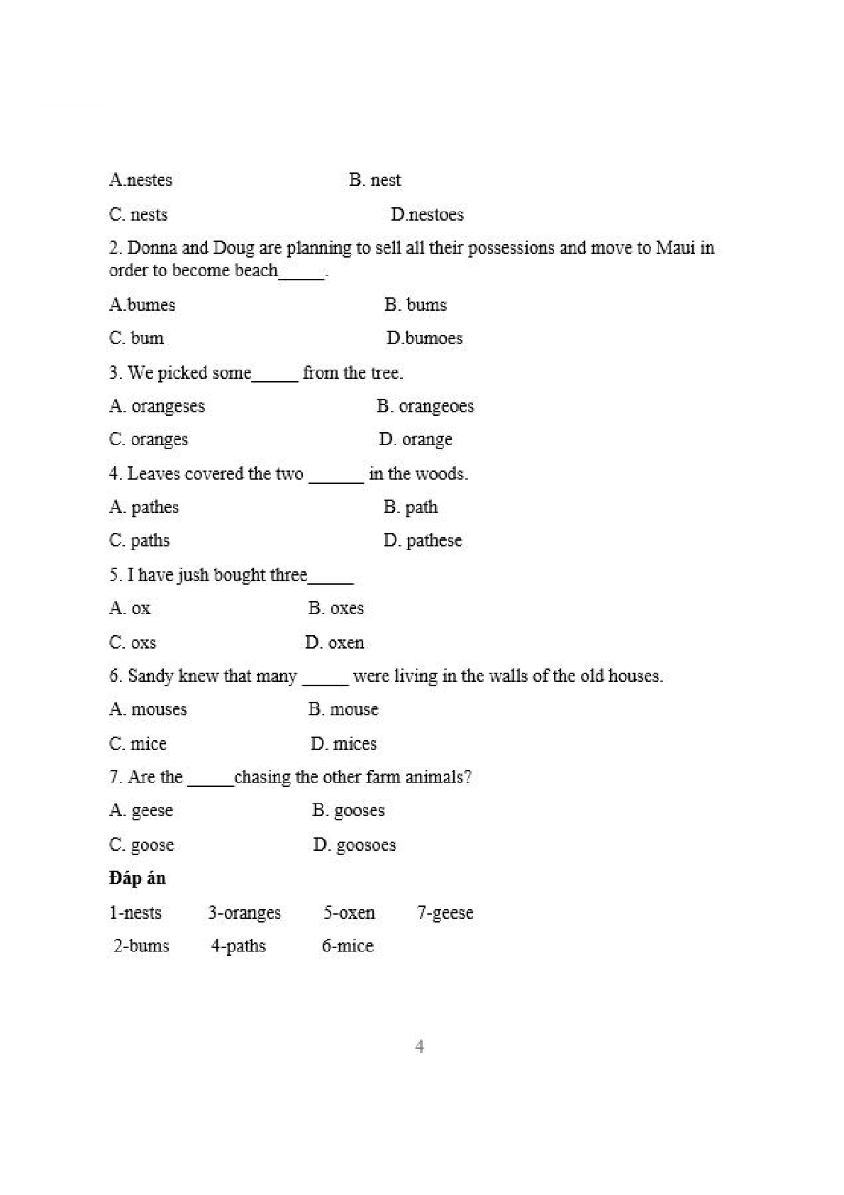 Các bài tập về phương pháp chuyển đổi danh từ số ít thành danh từ số nhiều Tiếng anh lớp 3 có đáp án, chọn lọc (trang 4)