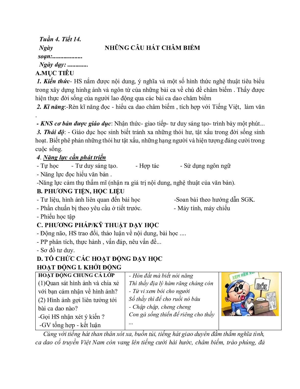 Giáo án ngữ văn lớp 7 Tuần 4 Tiết 14: Những câu hát châm biếm mới nhất (trang 1)