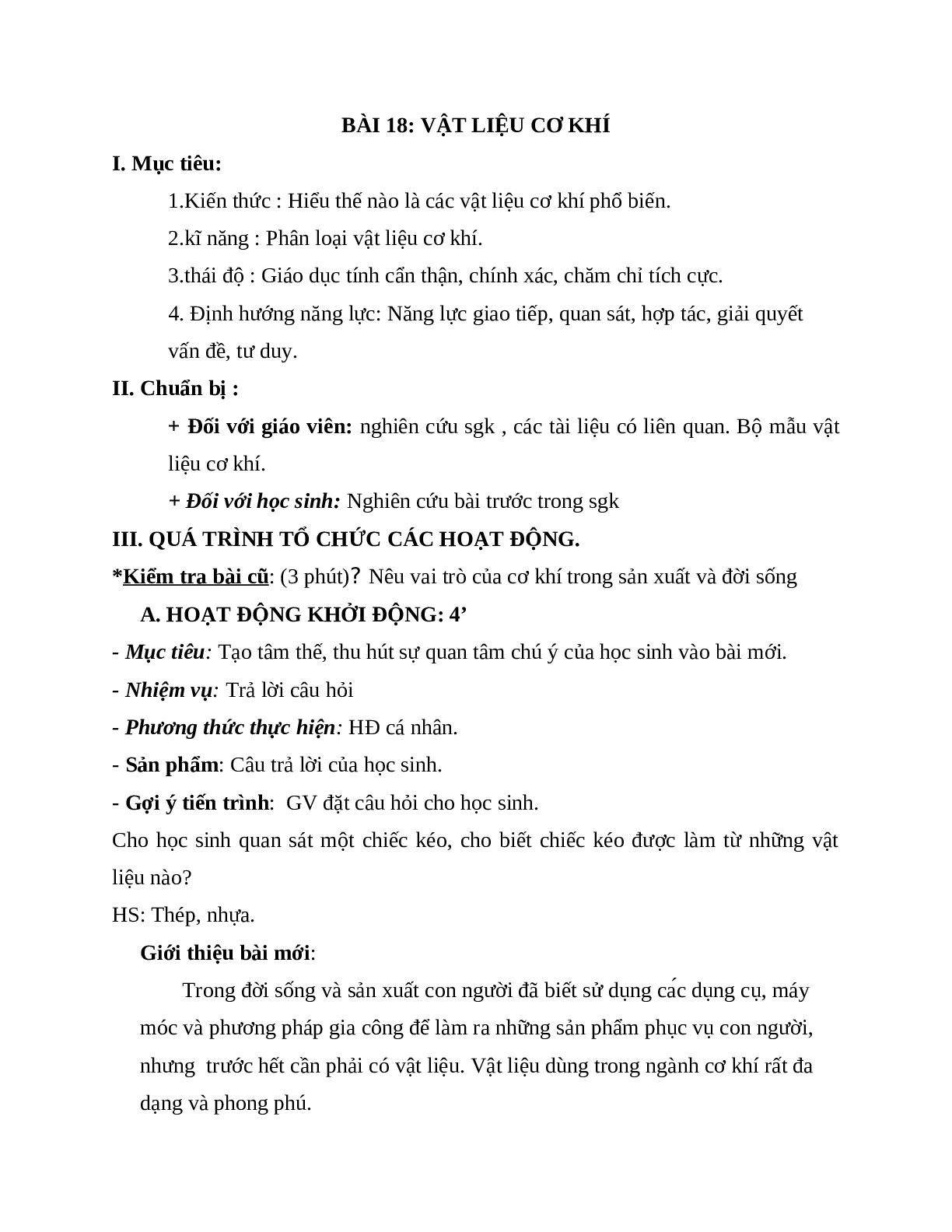 Giáo án Công Nghệ 8 Bài 18: Vật liệu cơ khí mới nhất - CV5512 (trang 1)